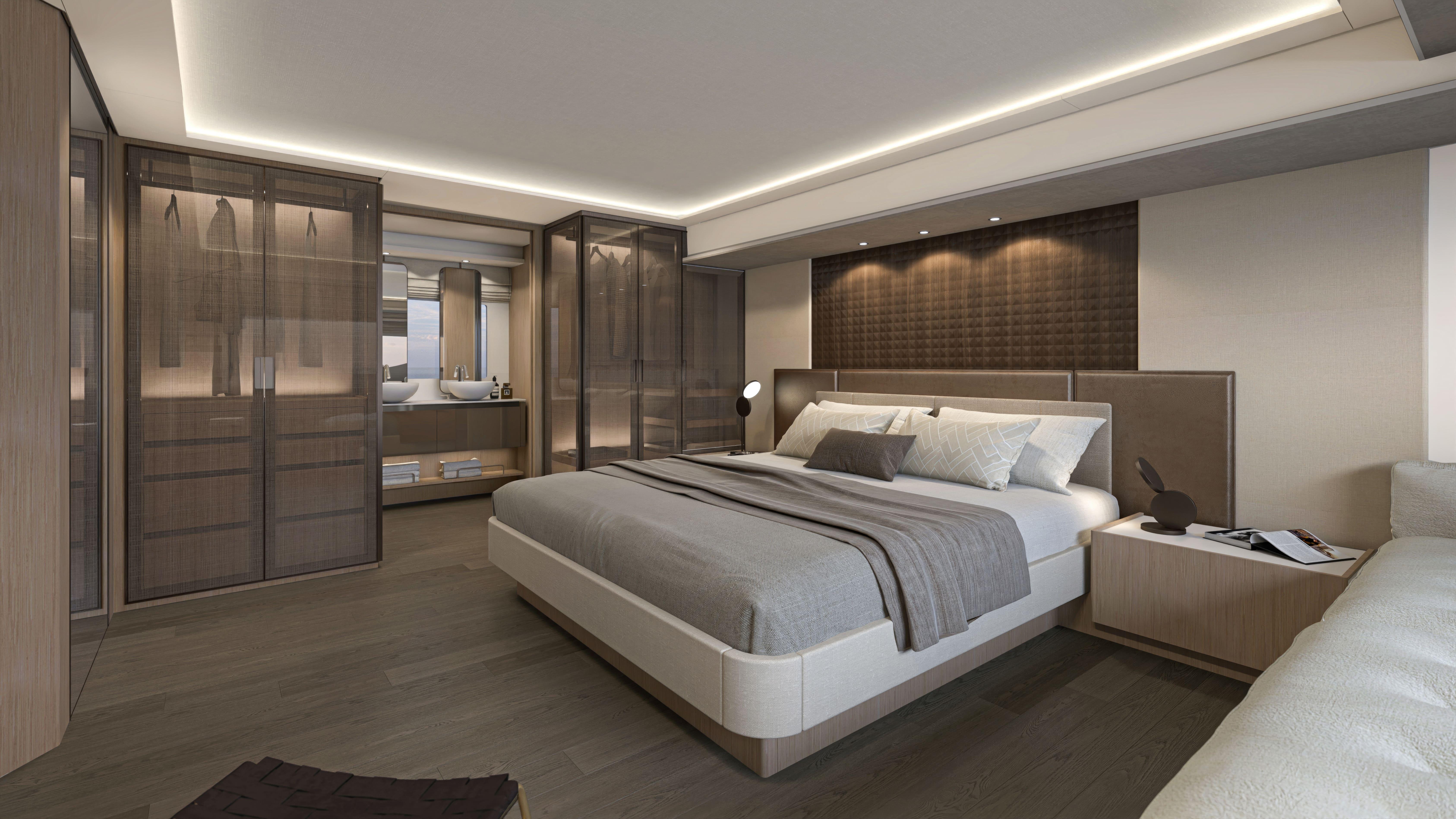 Luxurious bedroom interior in Prestige M7 yacht, 2025 model, featuring modern design and ambient lighting.