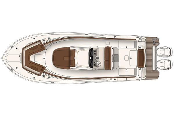 Manufacturer Provided Image: Top view of 2021 Scout 305 LXF boat layout, featuring seating and dual engines.