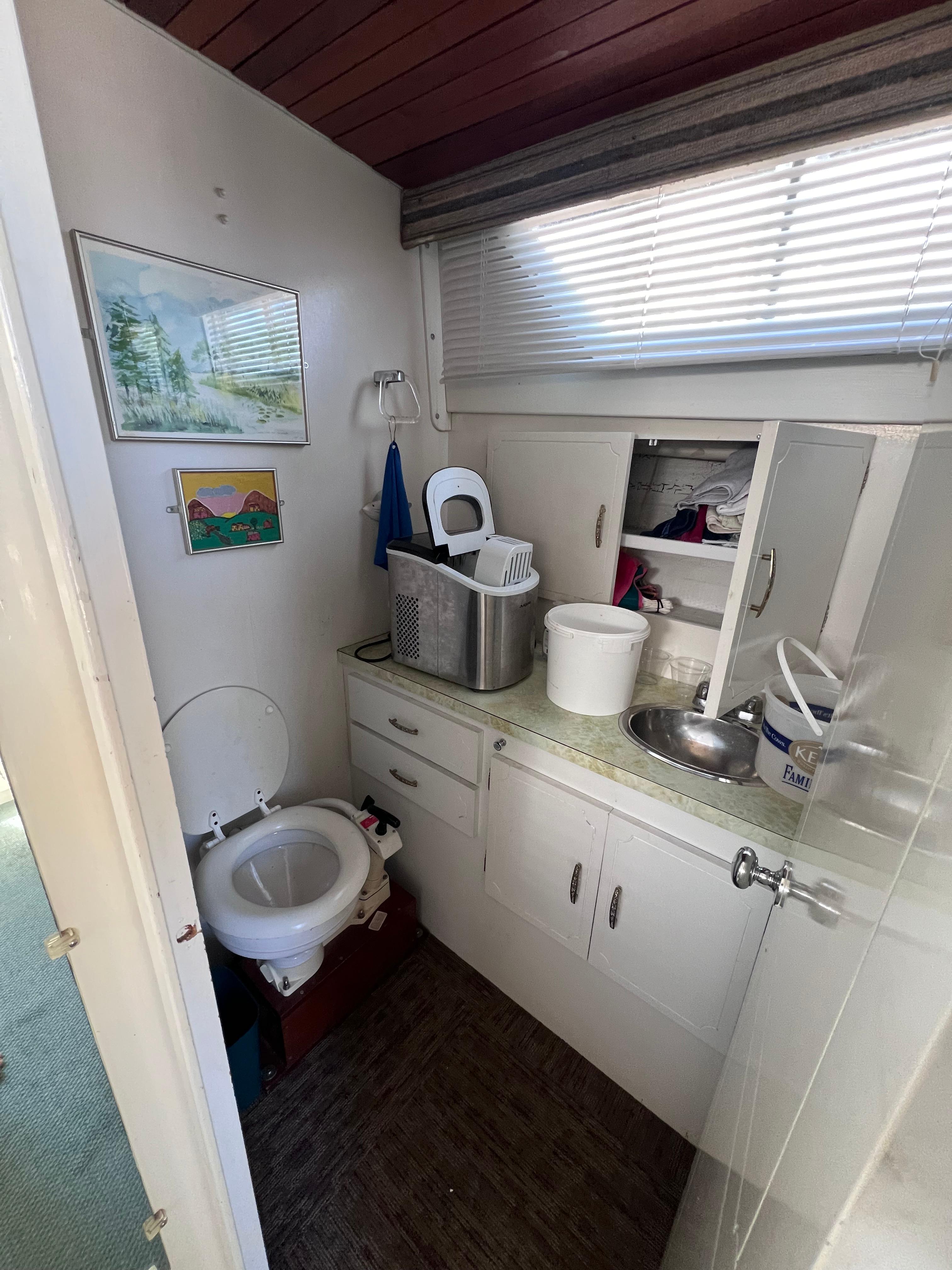 1974 Tollycraft 40 Tri-Cabin Motoryacht bathroom with sink, toilet, and storage cabinets.