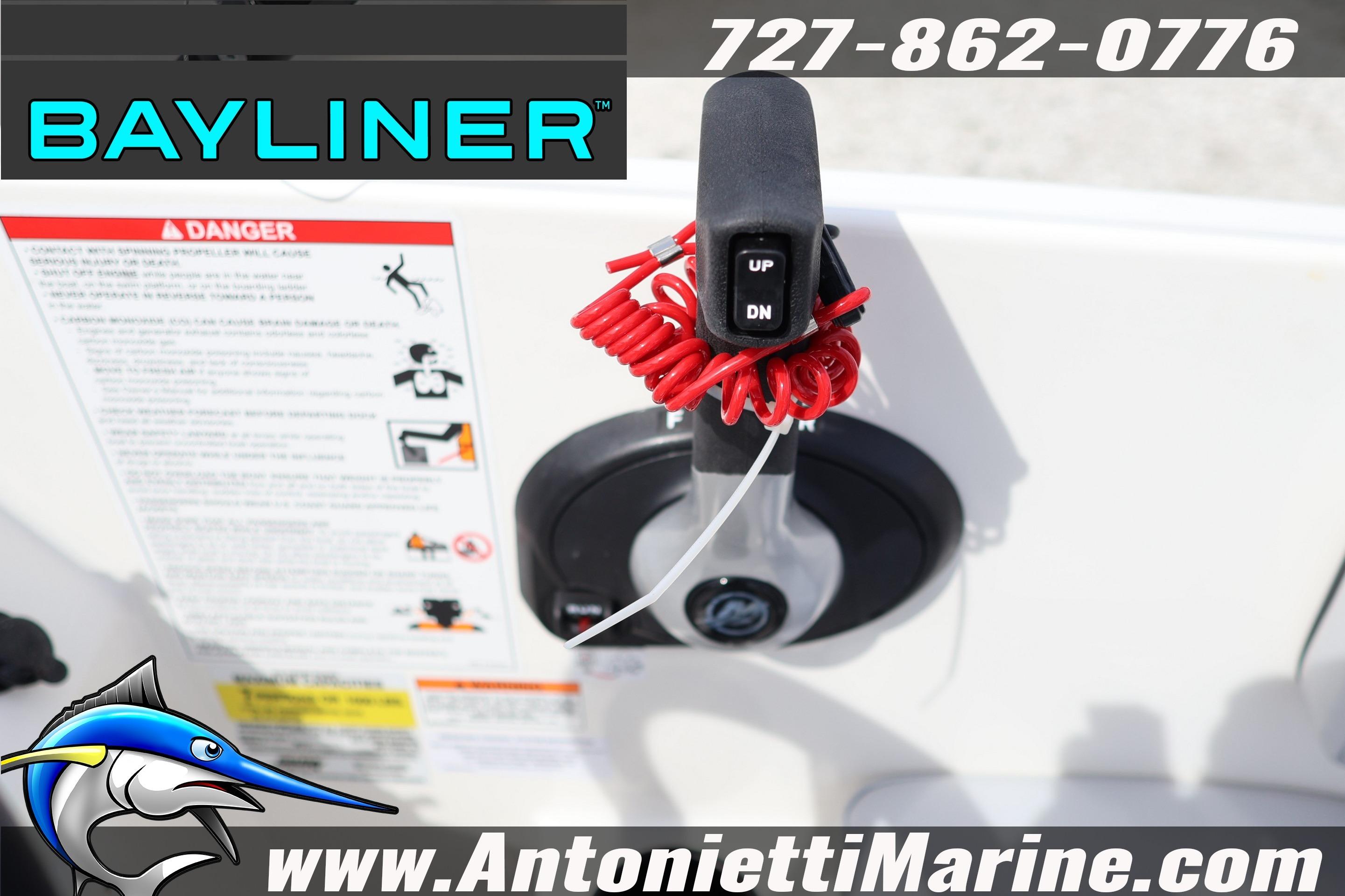 Throttle control of 2026 Bayliner Element M17 boat with safety lanyard and contact information.