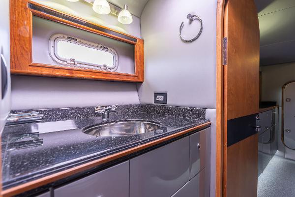 Luxurious bathroom interior of 2025 Shuttleworth 52 AeroRig yacht, featuring sleek design and modern fixtures.