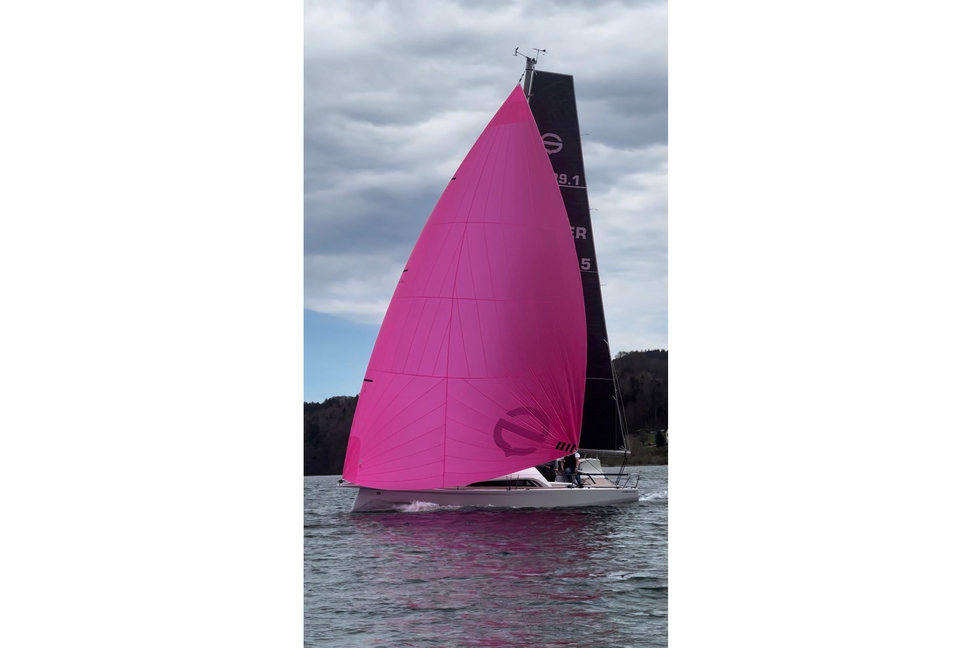 2026 Sunbeam 29.1 sailboat with vibrant pink sail on a calm lake.