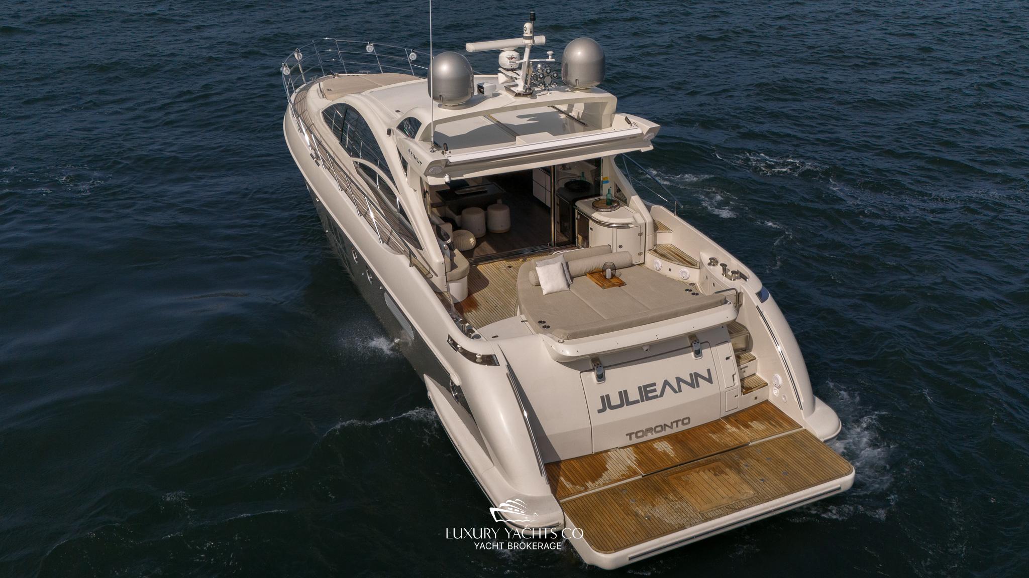 Luxury Azimut 62S yacht cruising on open water, rear view, 2010 model.