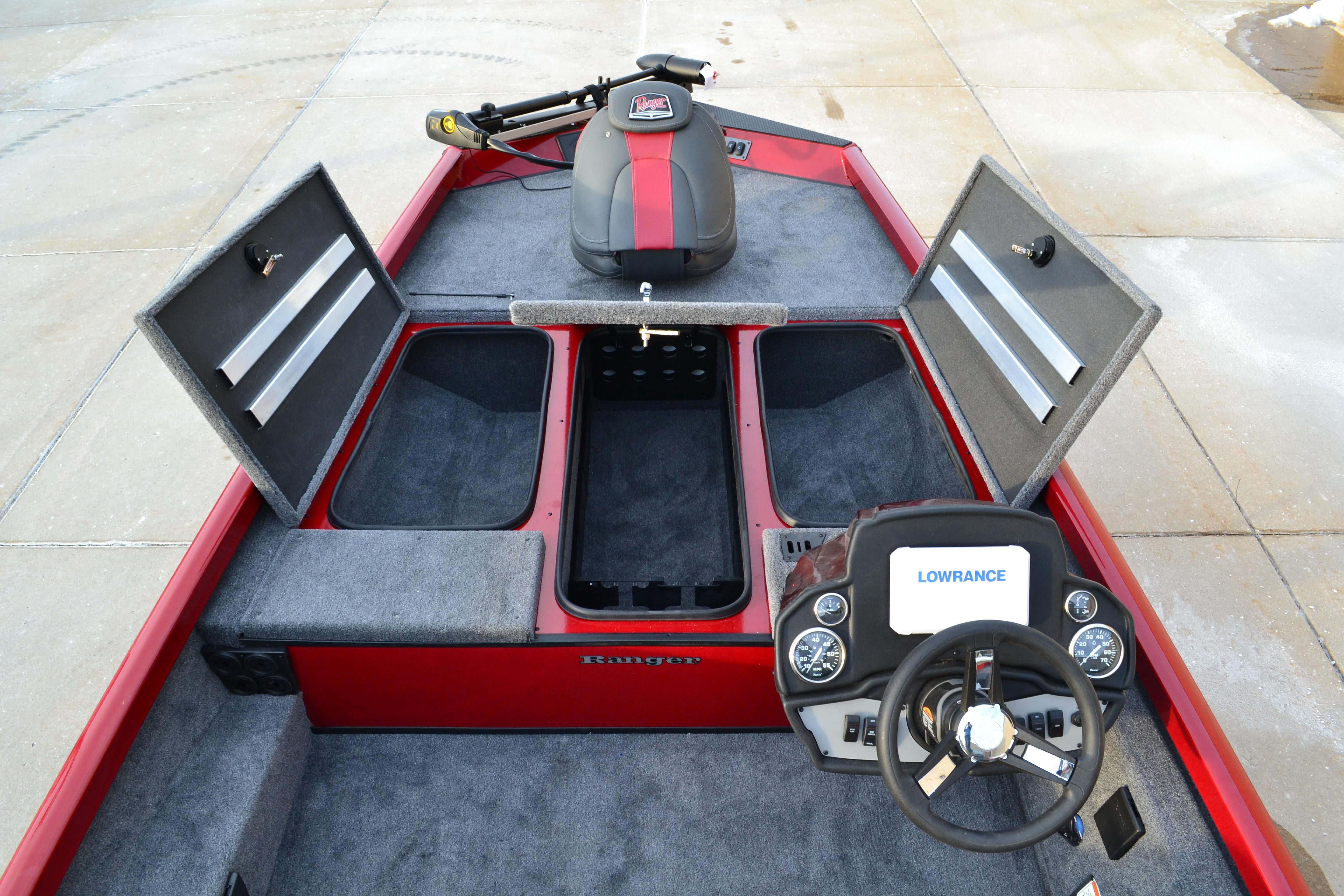 2026 Ranger RT188 boat interior with open storage compartments and Lowrance navigation system.