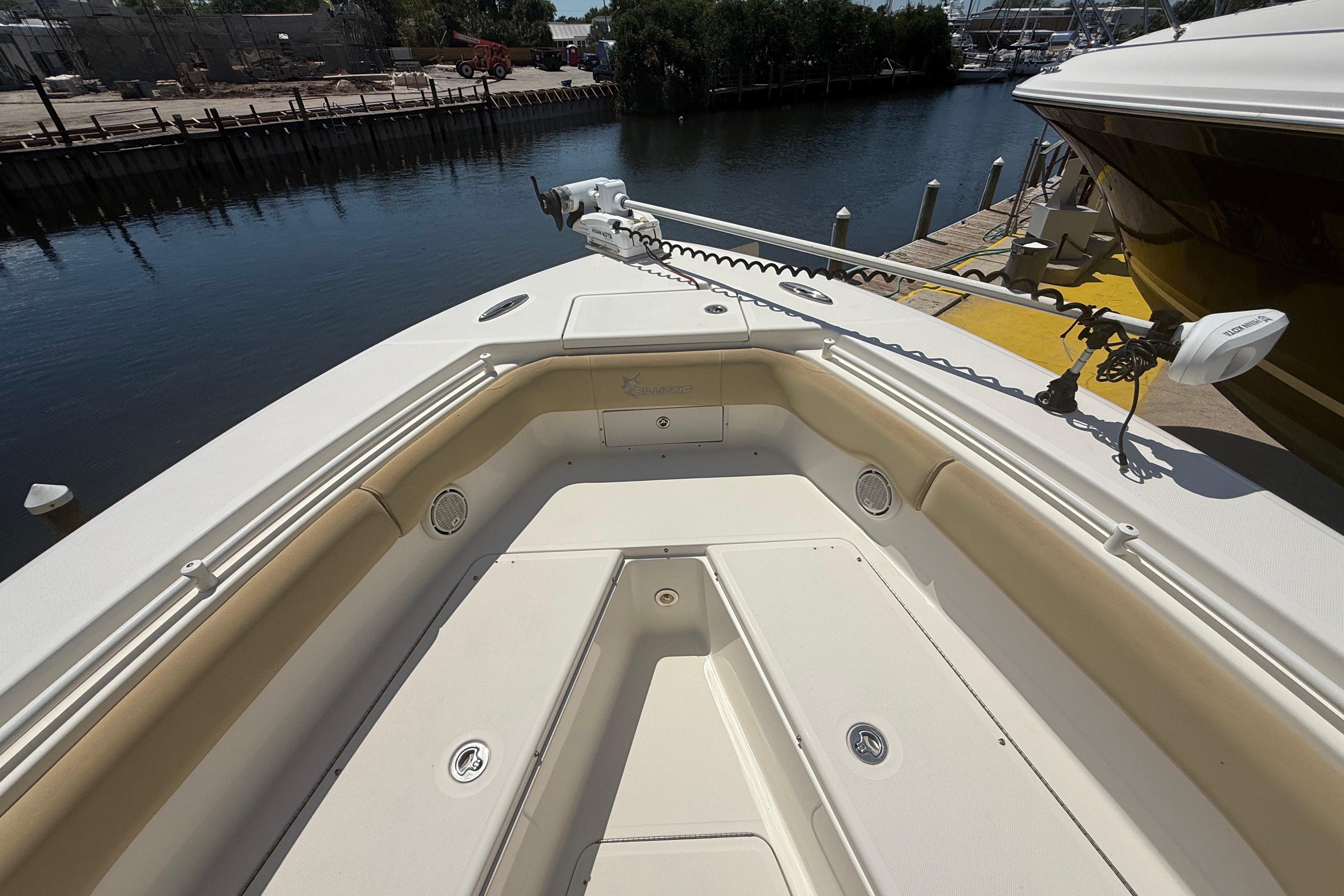 2019 Key West Billistic 281 Center Console boat interior at dockside.