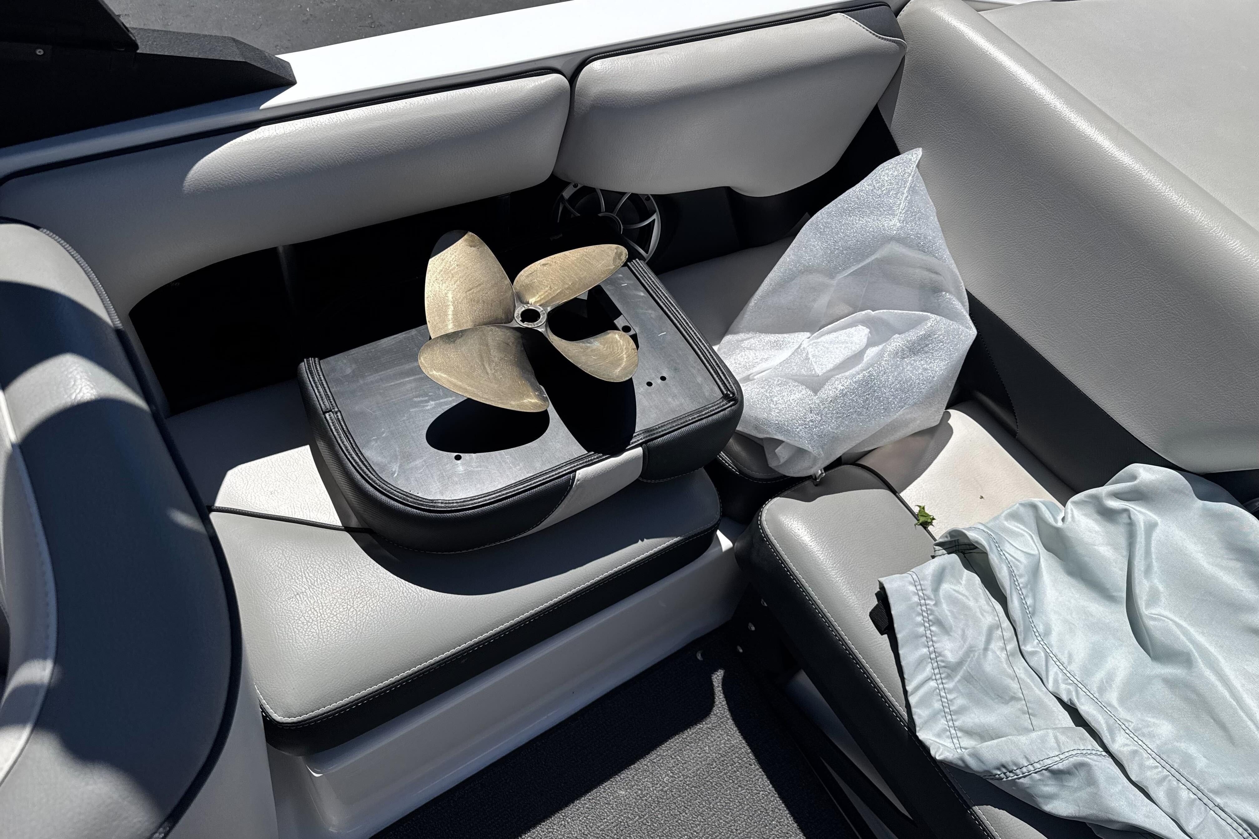 Boat interior with propeller on seat, Axis A20 2015 model.