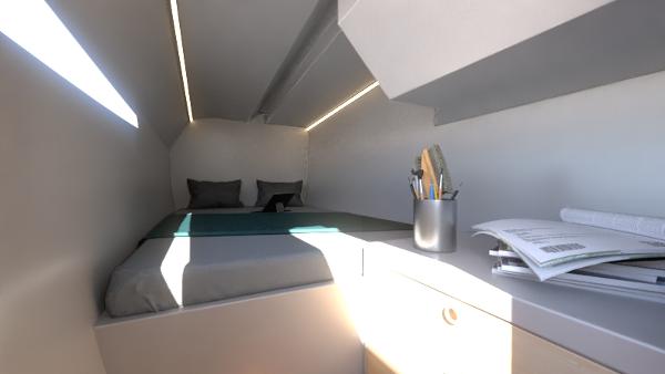 2024 Catamaran Cruisers Power Cat interior cabin with bed and desk.