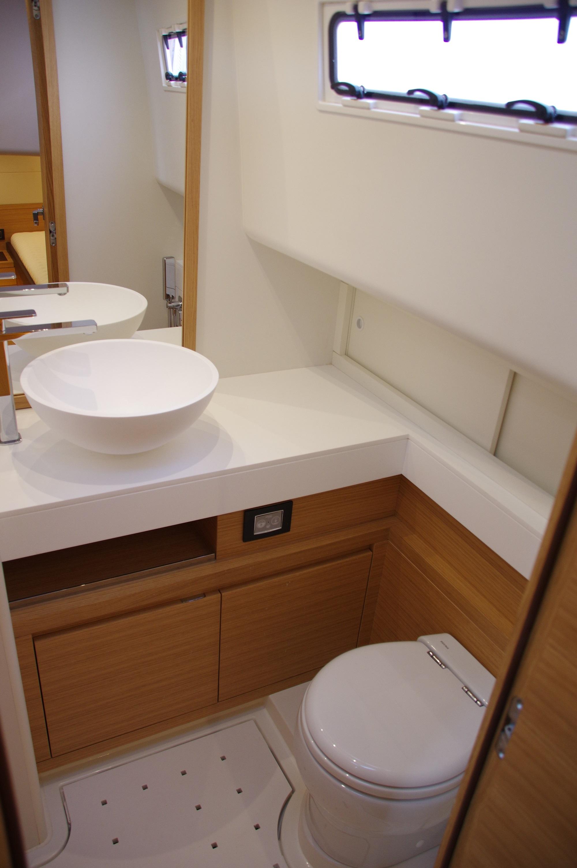 Modern bathroom in 2025 Pardo Yachts 50, featuring sleek design and elegant fixtures.