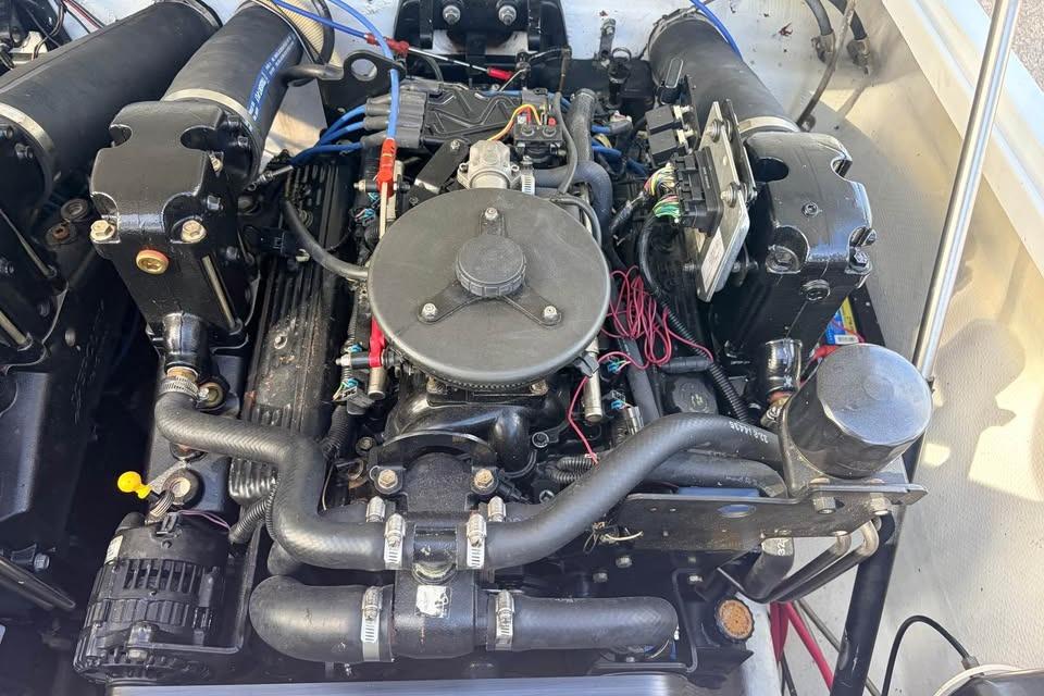 1983 Cigarette 24' Classic boat engine, detailed view of components and wiring.
