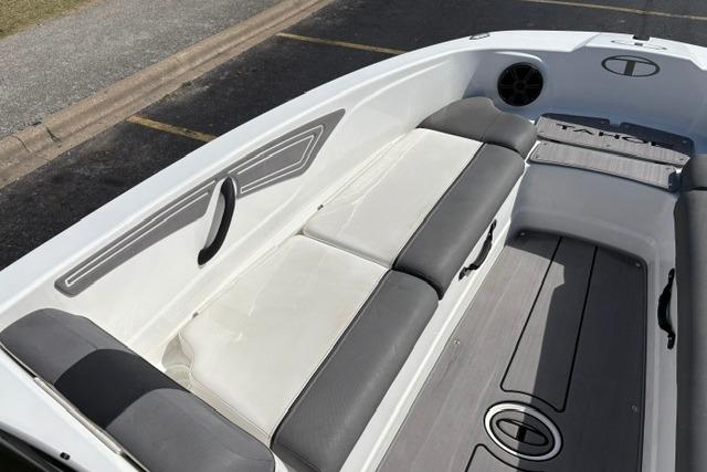 2024 Tahoe T21 boat interior with gray and white seating, modern design.