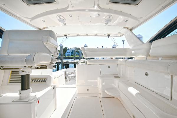 2008 Tiara Yachts 4200 Open interior, featuring sleek white seating and modern design.