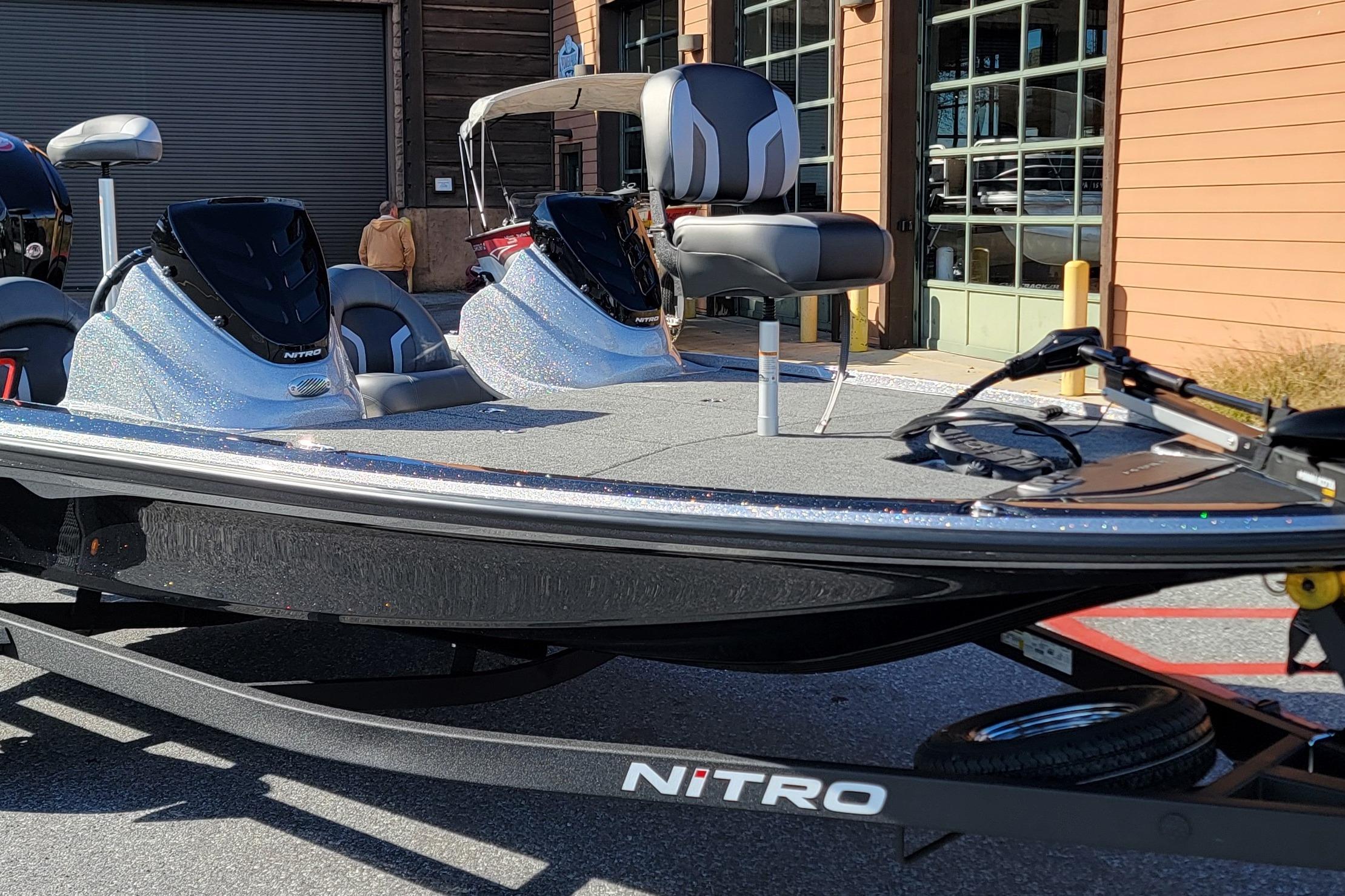 2026 Nitro Z17 boat displayed outdoors, featuring sleek design and modern seating.