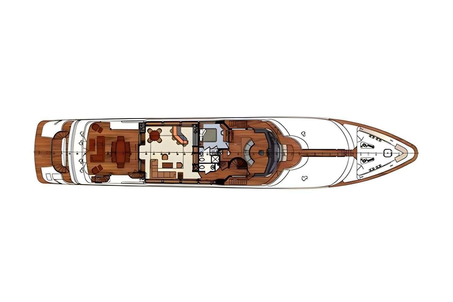 Top view layout of 2003 Trinity Yachts Motoryacht, showcasing interior design and deck arrangement.