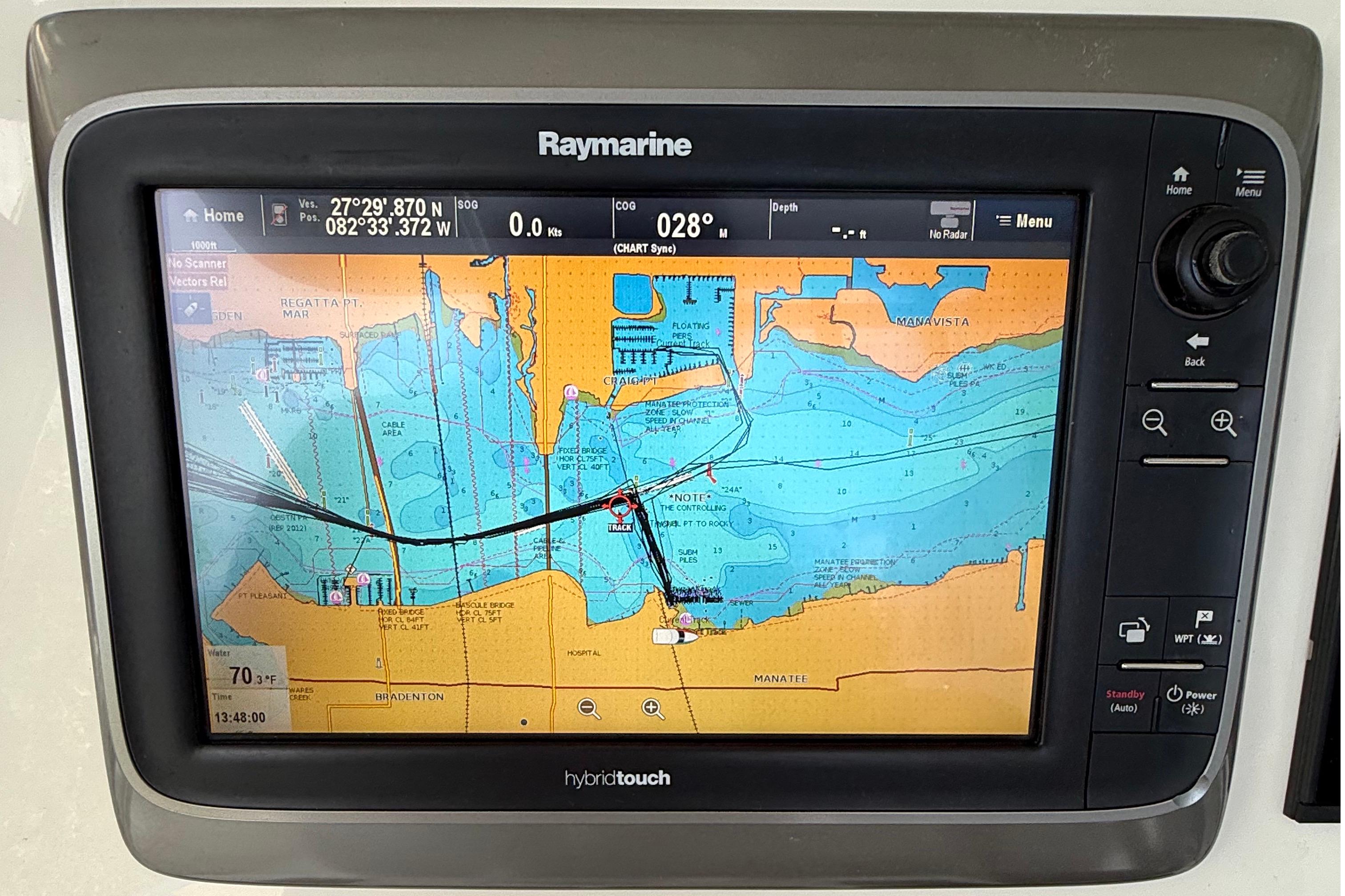 Raymarine navigation display on 2008 Century 2901 Center Console boat, showing nautical chart.
