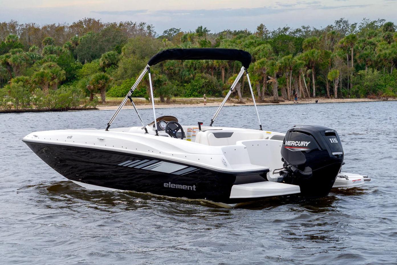Manufacturer Provided Image: 2025 Bayliner Element E18 boat on water with Mercury engine, scenic background.
