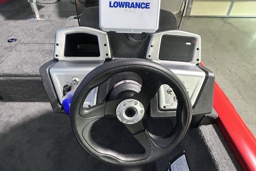 Steering console of 2026 Tracker Pro Team 175 Crappie Edition boat with Lowrance electronics.