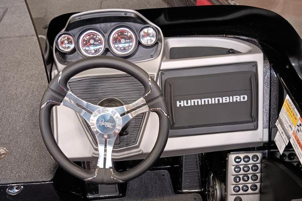 2025 Ranger 1880MS boat dashboard with steering wheel and Humminbird display.