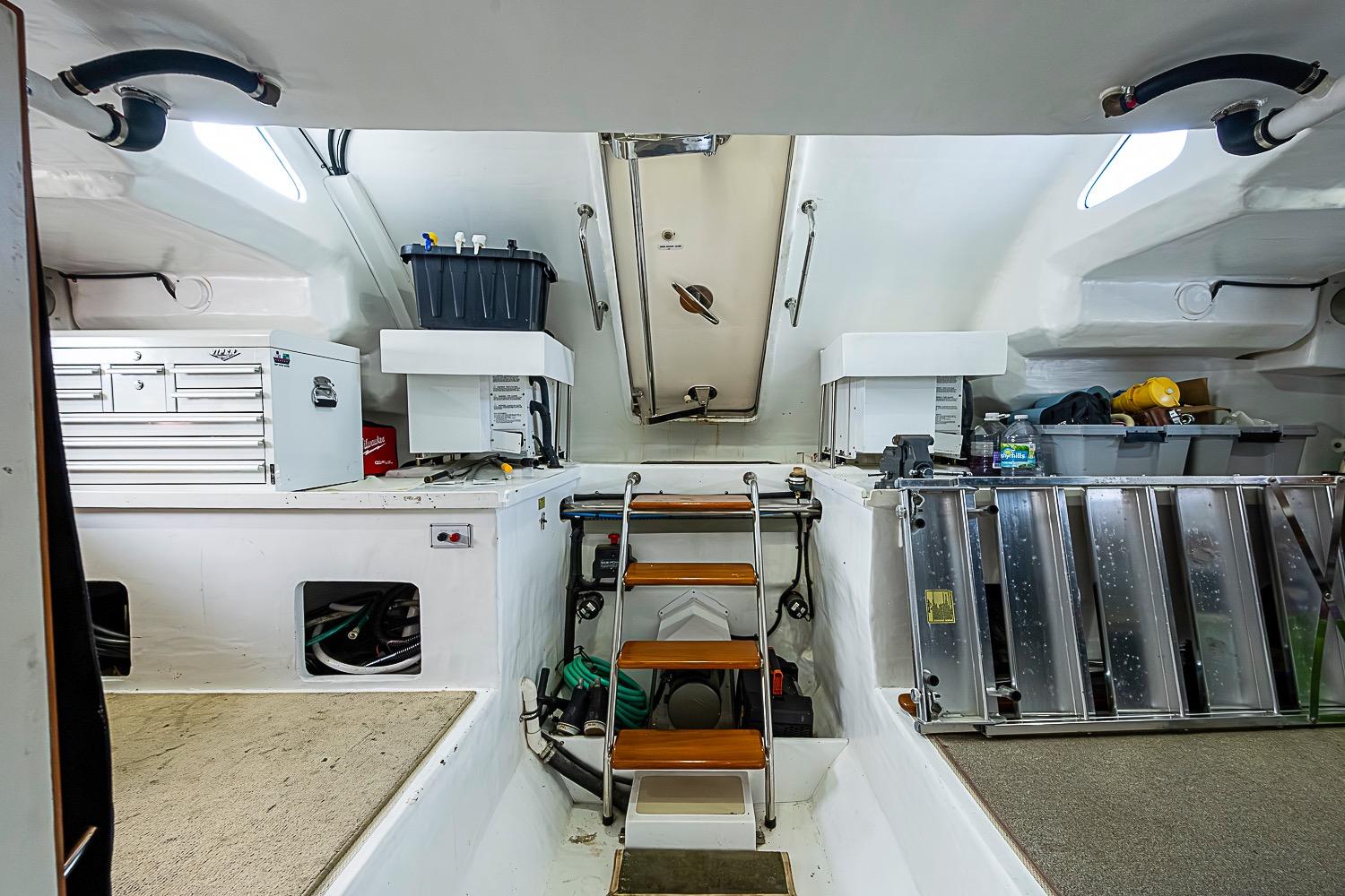 Interior of 2014 Marlow 80 Explorer yacht with storage and equipment.