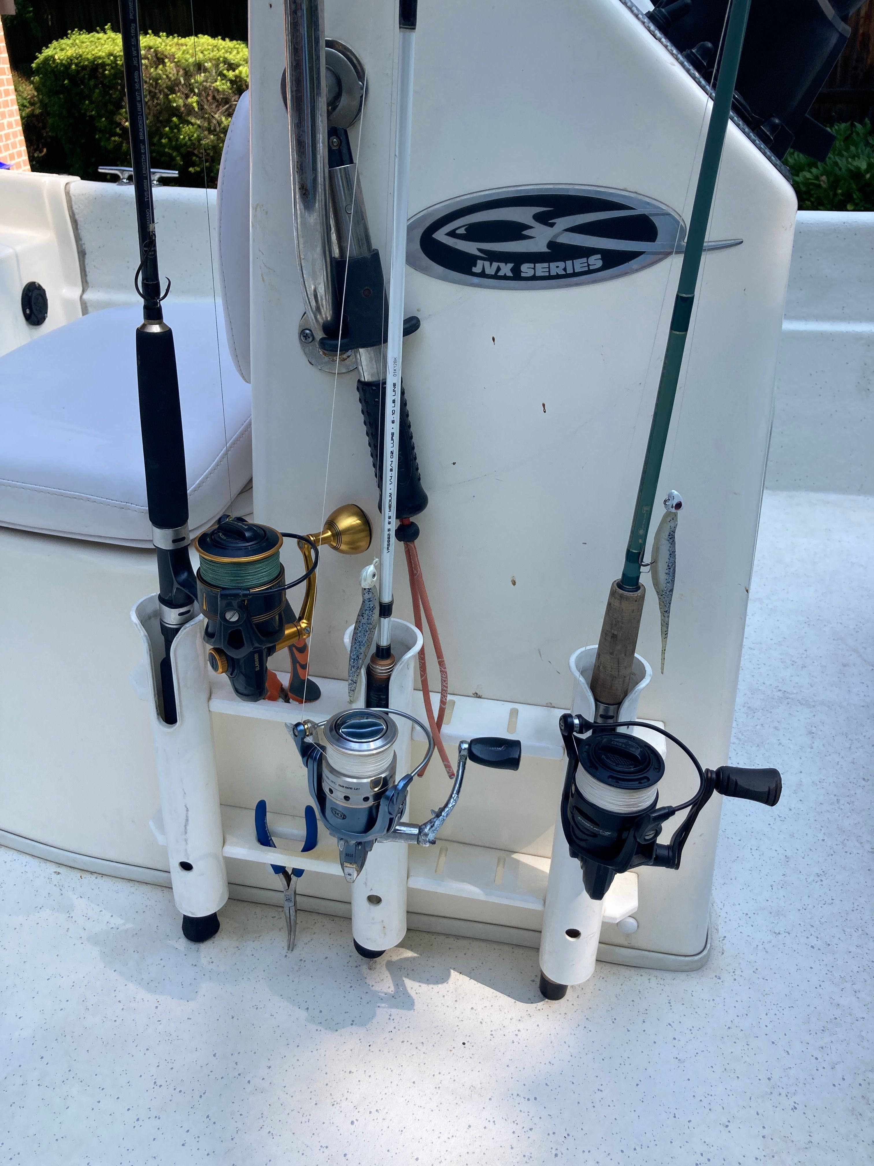 Fishing rod holders on a Carolina Skiff JVX16CC boat.
