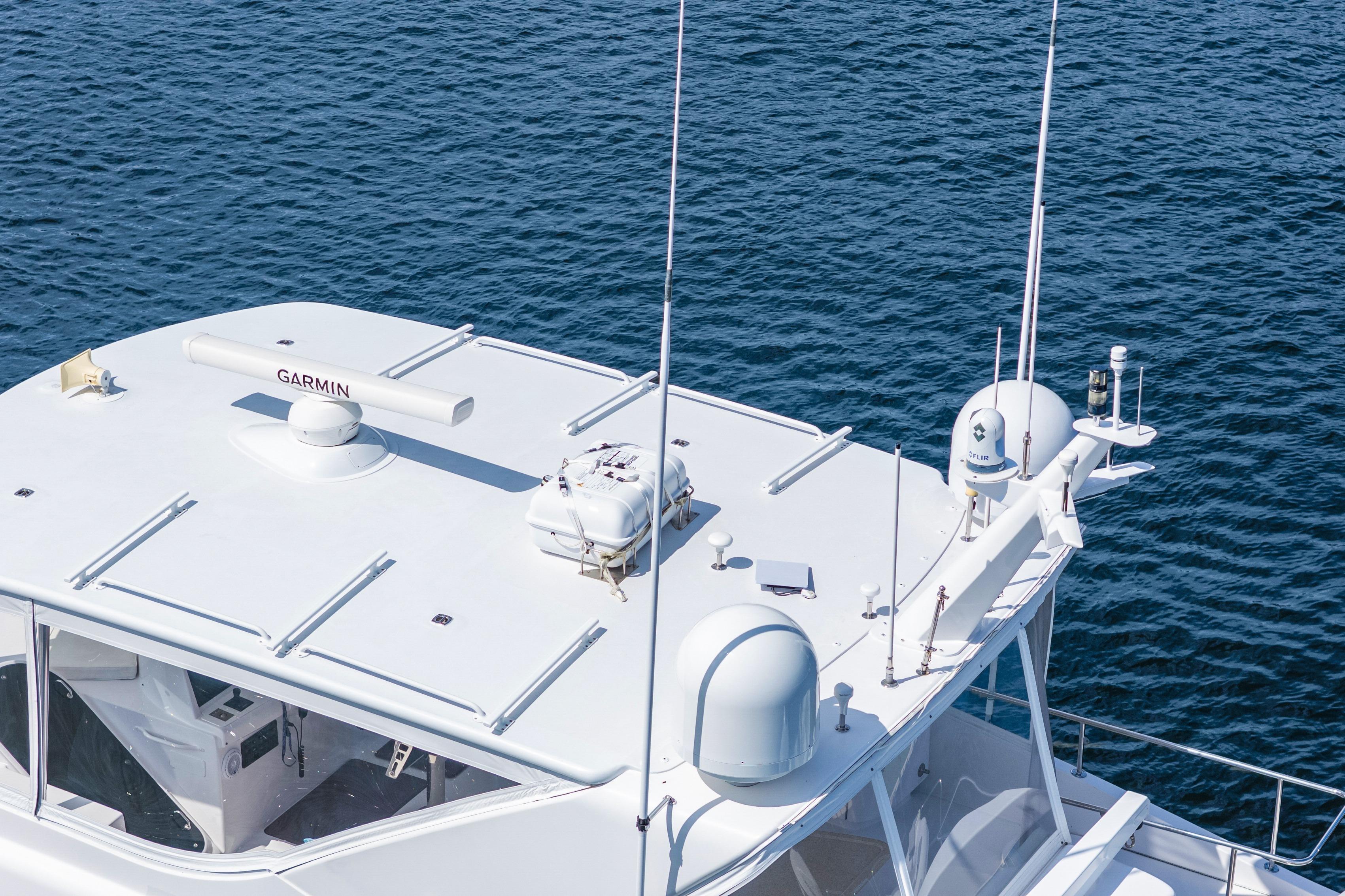 2008 Hatteras 64 Motor Yacht with Garmin equipment on calm blue water.