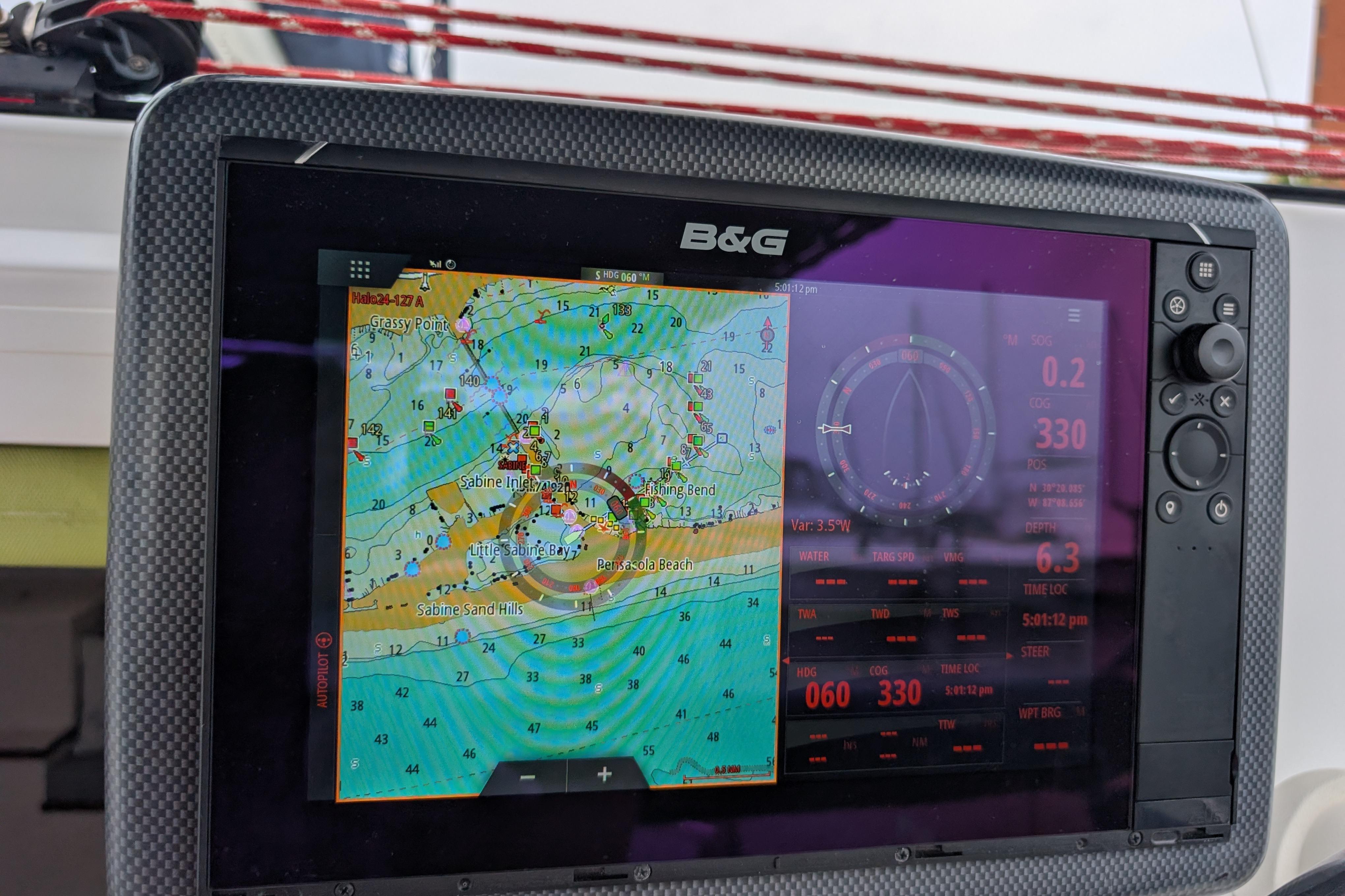 B&G navigation display on 1999 Island Spirit 37, showing nautical charts and sailing data.