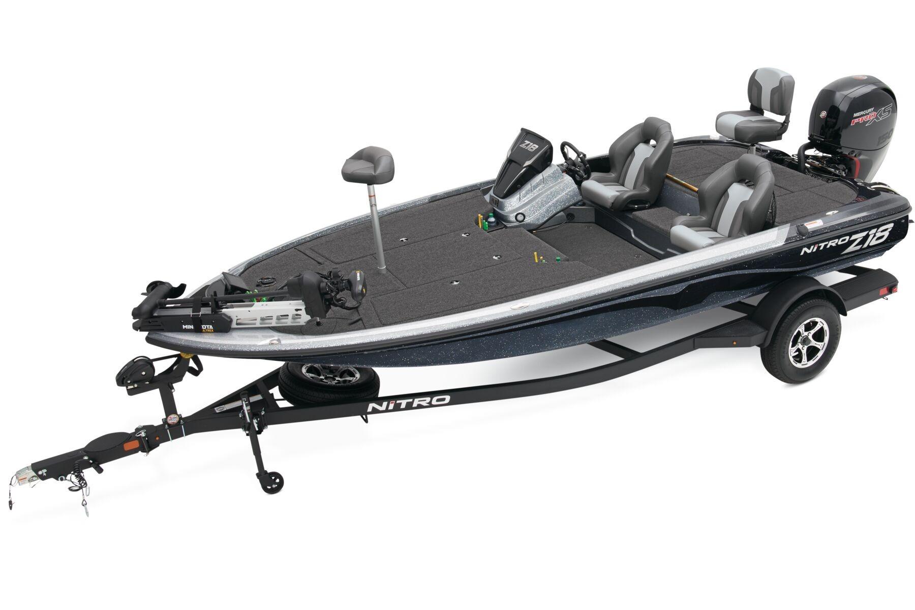 2025 Nitro Z18 fishing boat on trailer, featuring sleek design and modern seating.