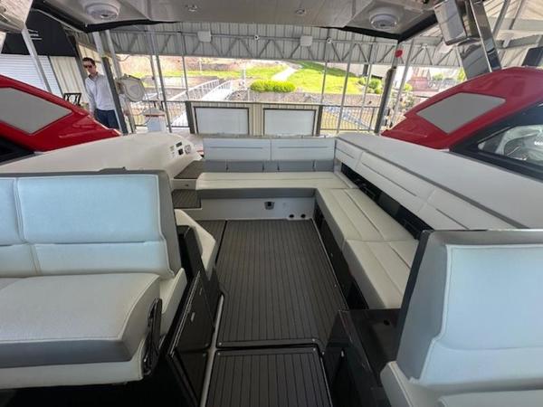 Interior of 2022 Cobalt A36BR boat with white seating and modern design.