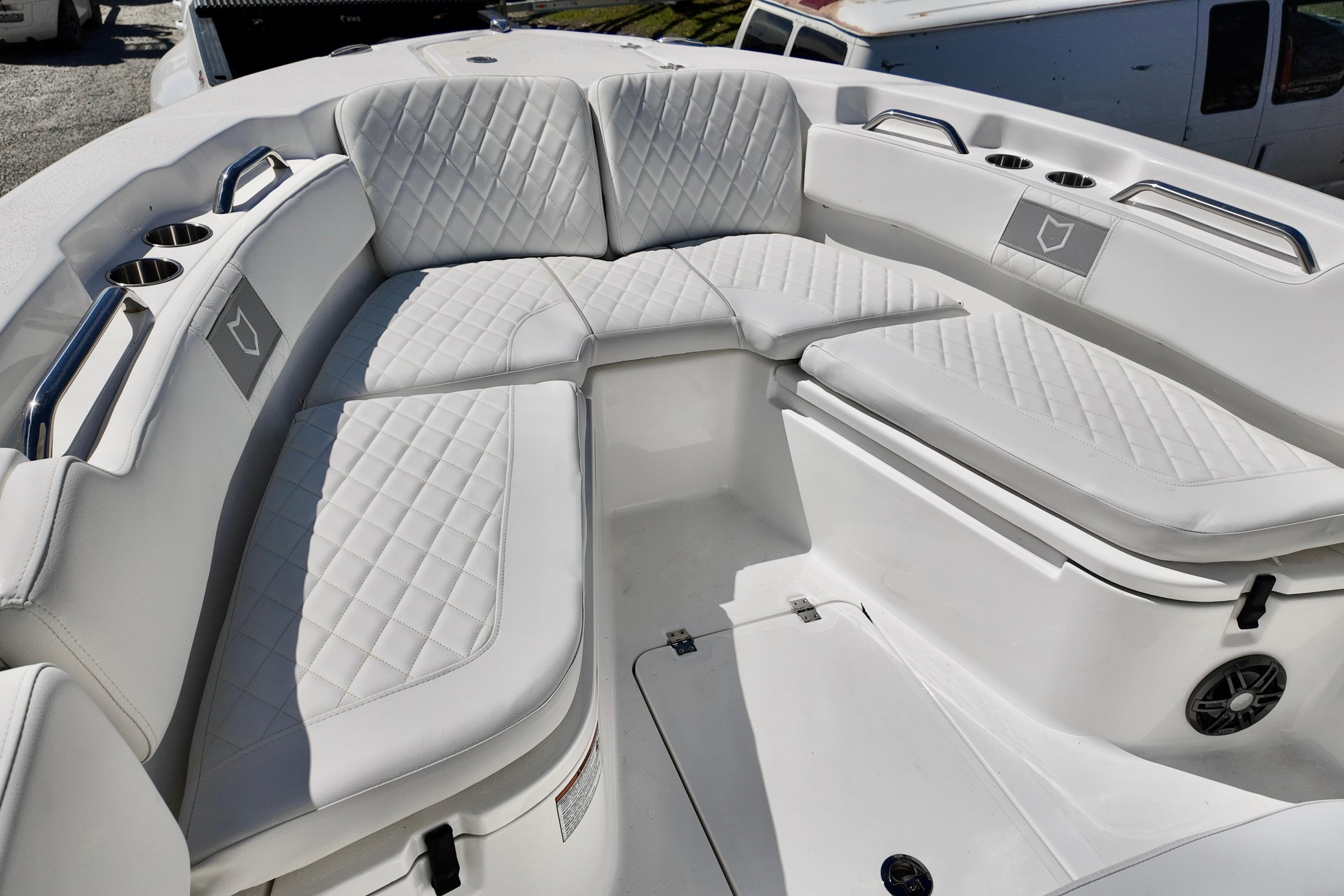 Luxurious seating on 2026 Sea Fox 248 Commander boat with quilted upholstery.