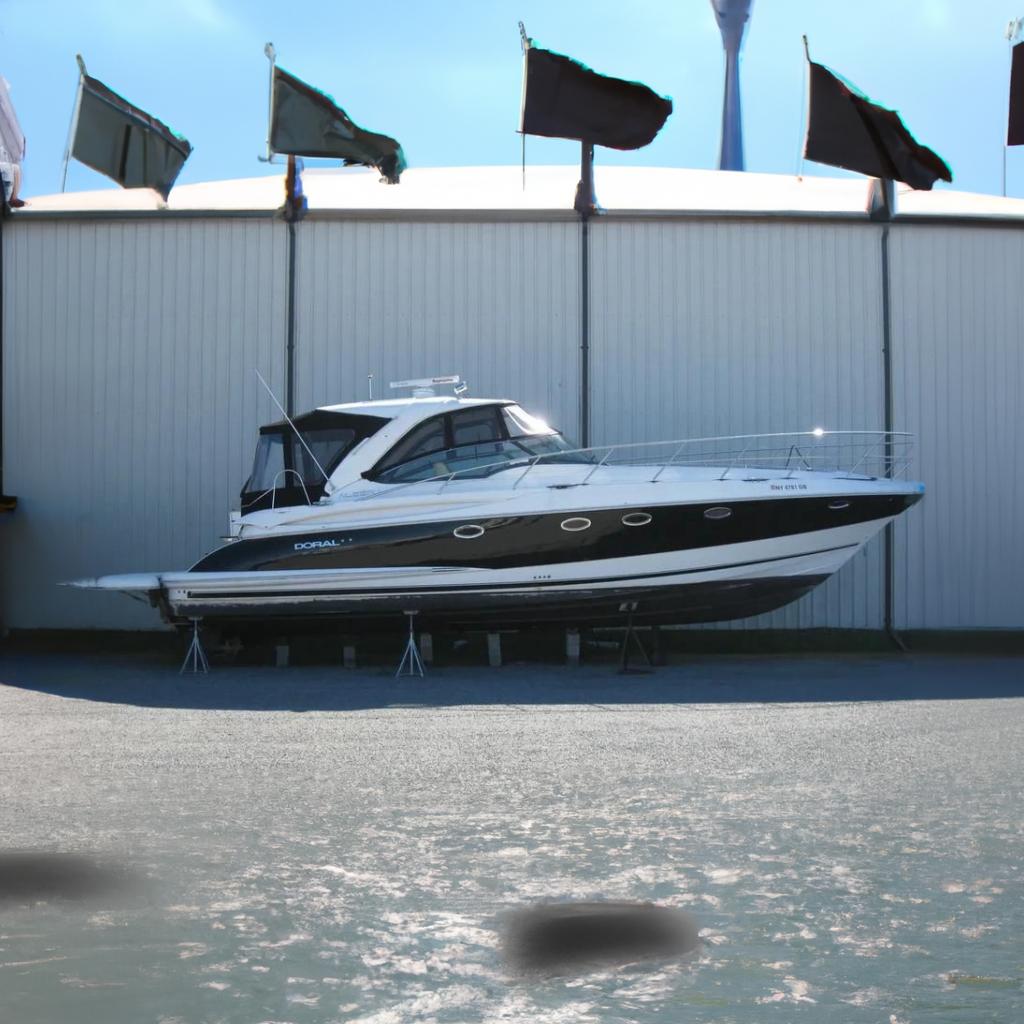 2008 Doral Alegria boat on stands, black and white exterior, docked indoors.
