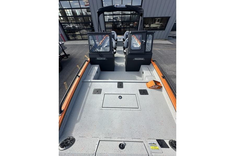 2026 SeaArk ProCat 240 boat interior with dual seats and storage compartments.
