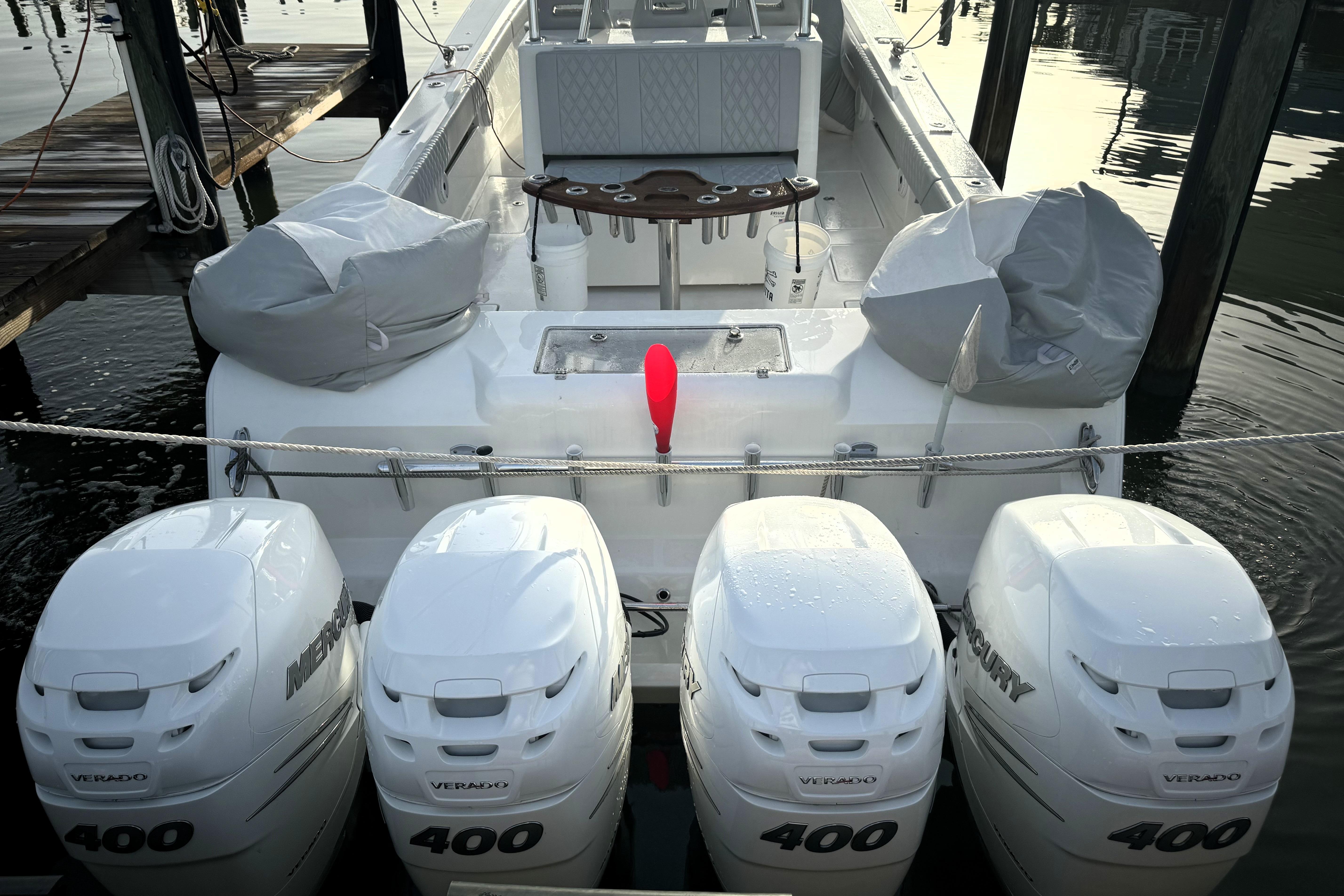2020 Front Runner 39 Center Console boat with four Mercury Verado 400 engines docked.