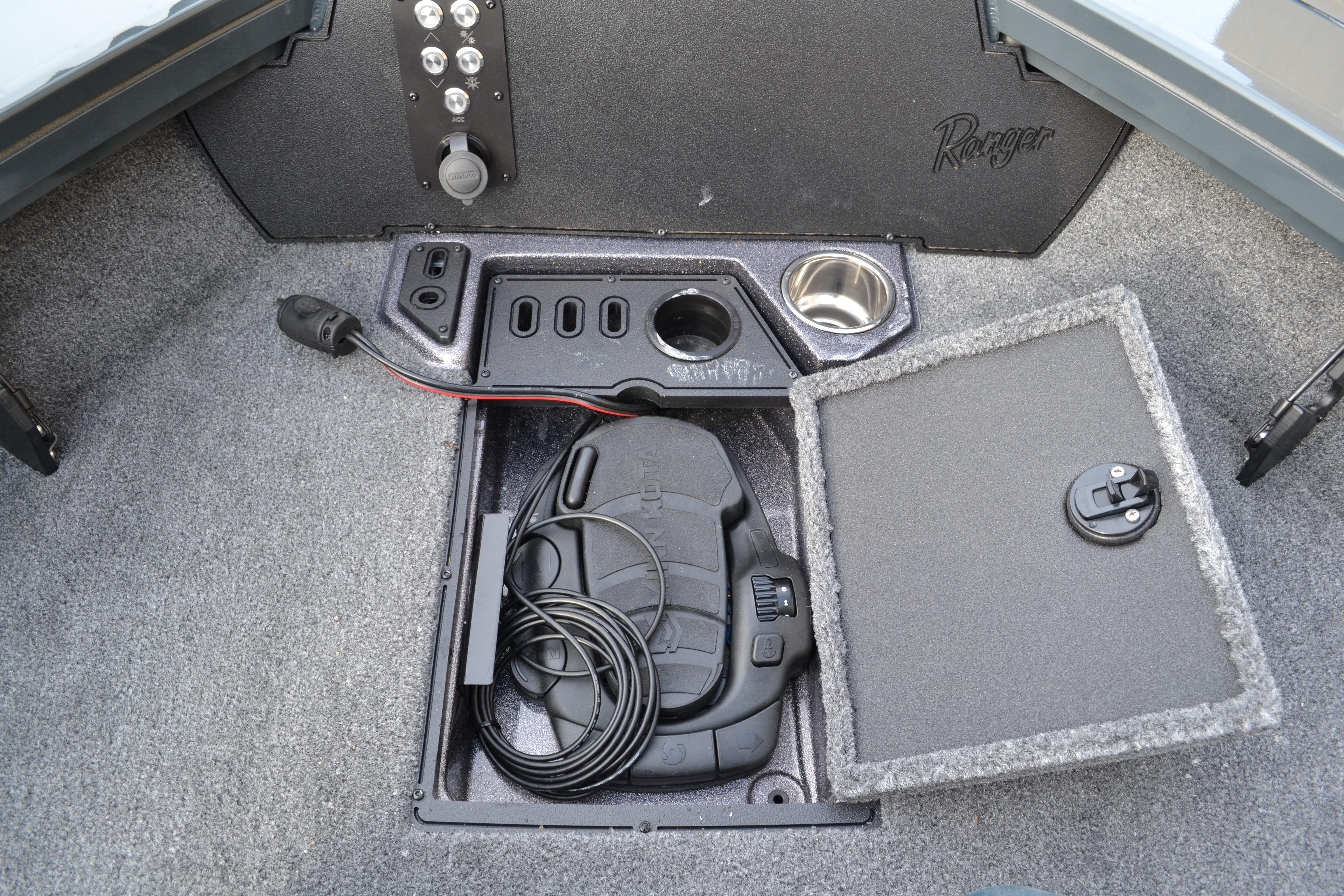 2026 Ranger VX1888 WT boat interior with storage compartment and control panel.