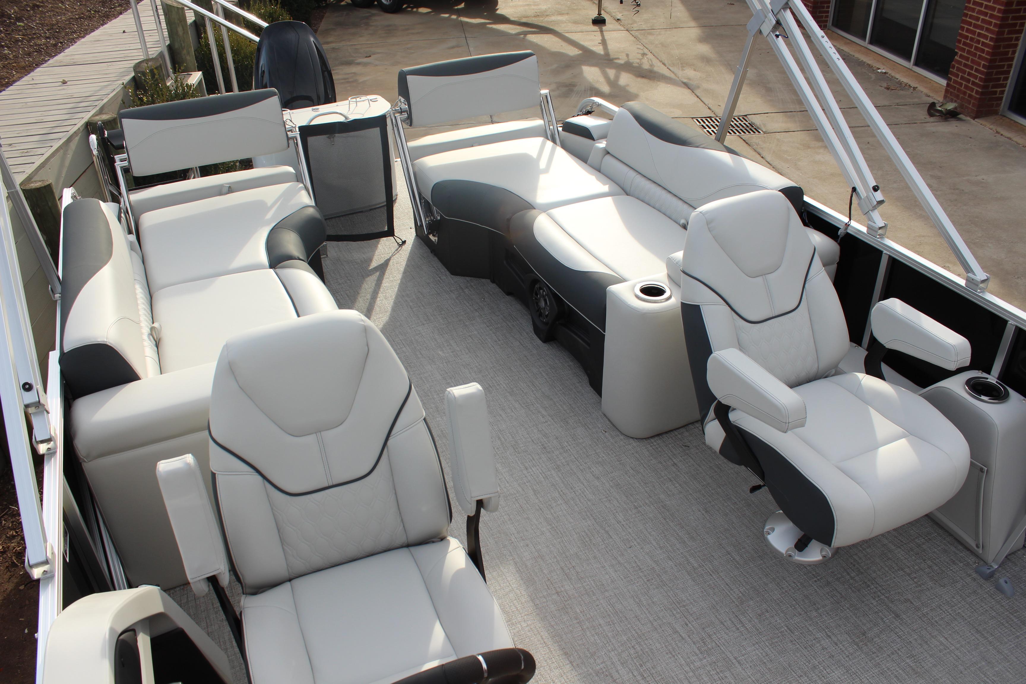 2026 Tahoe Pontoon LTZ interior with luxurious seating and modern design.