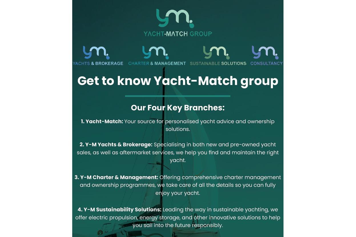 Yacht-Match Group overview with four key branches: brokerage, management, sustainability, consultancy.