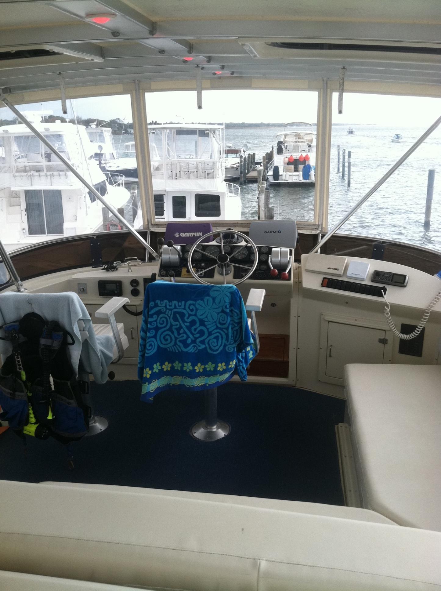 Interior view of 1989 Californian 48 Motor Yacht at marina.