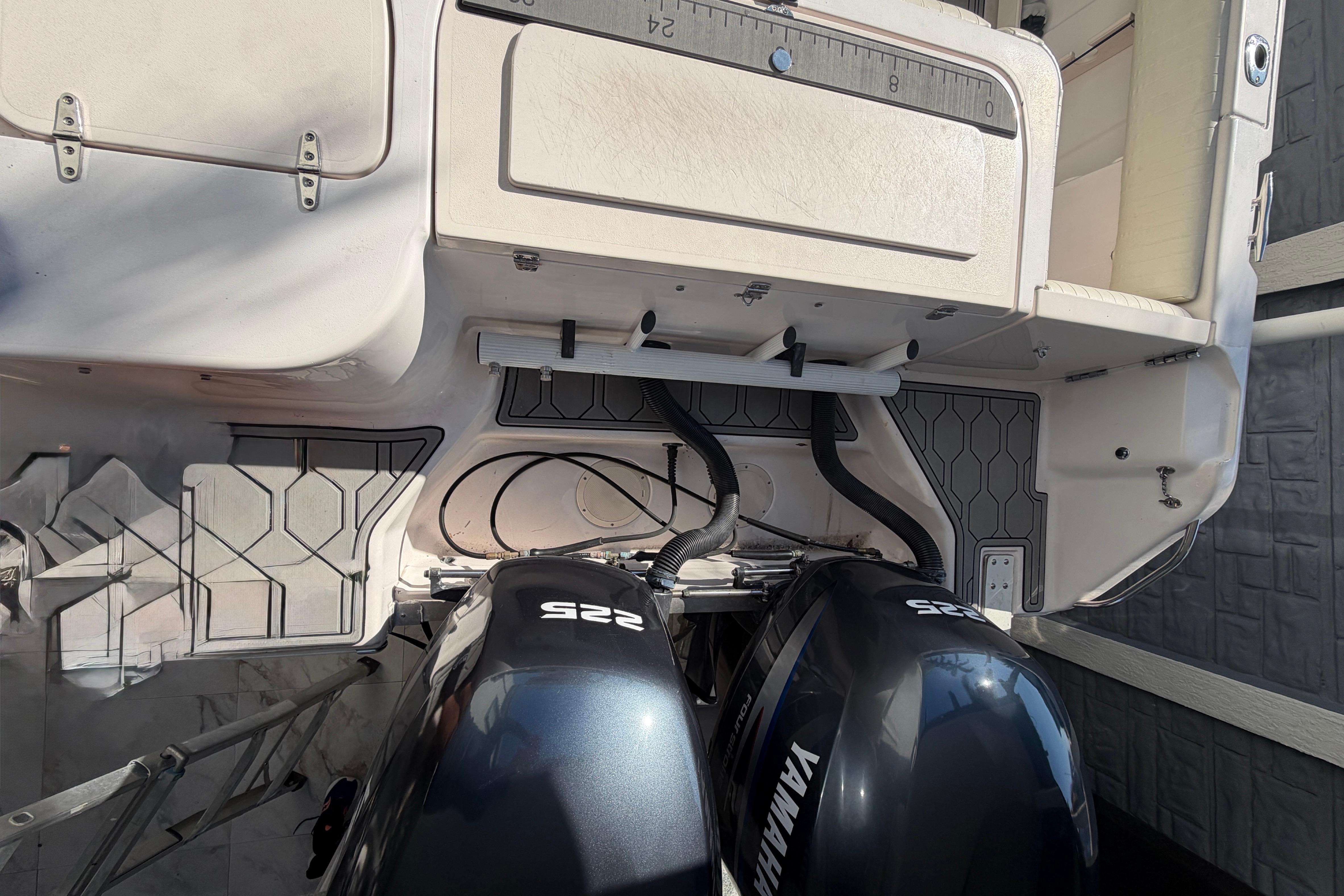 2004 Grady White 273 boat with dual Yamaha 225 engines, rear view.