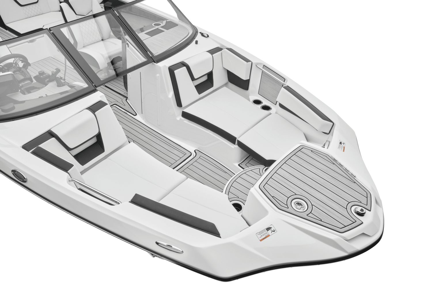 The image shows the deck of a Yamaha 222SD boat with modern seating and gray flooring.