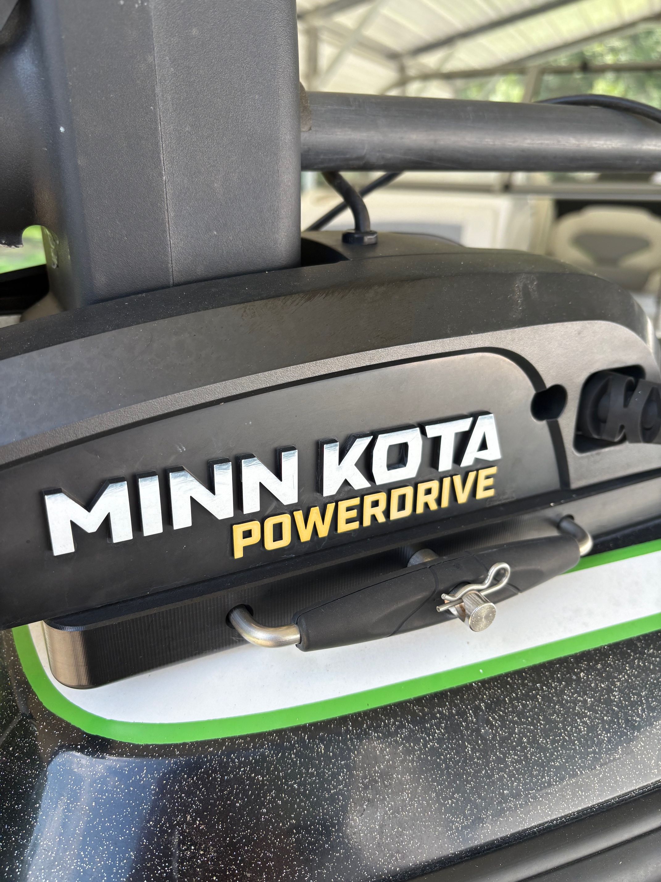 Close-up of a Minn Kota PowerDrive motor on a boat.