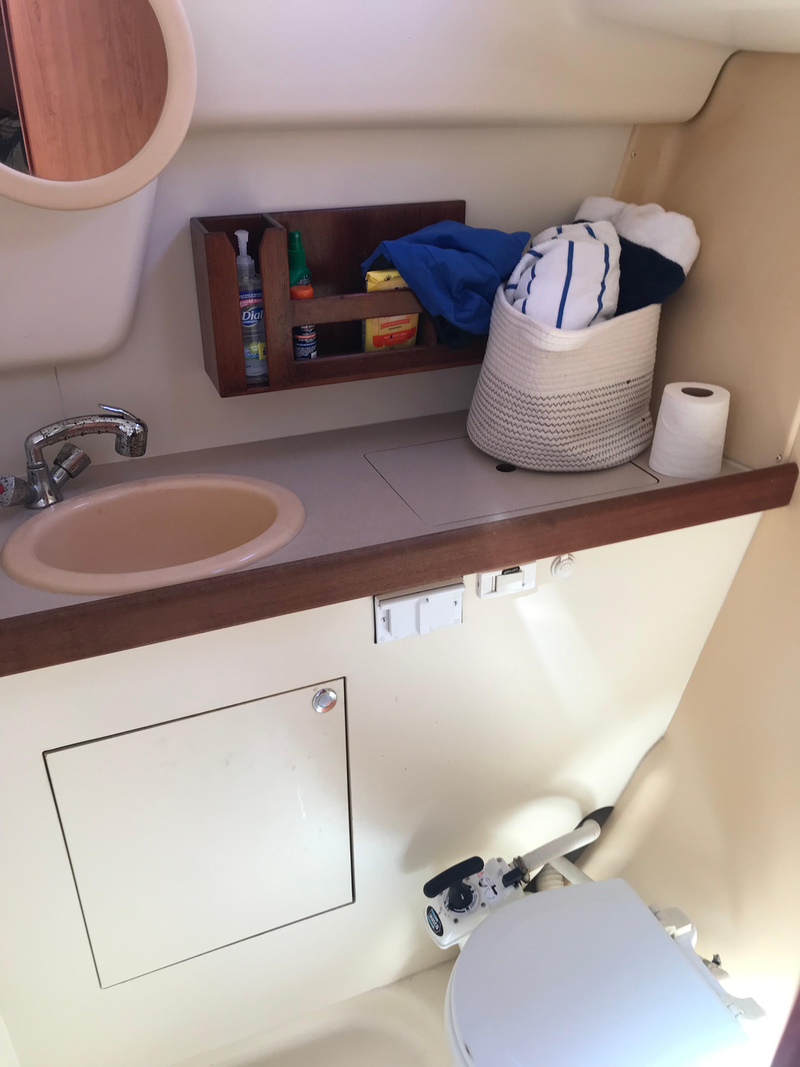 2009 Hunter 310 boat bathroom with sink, storage shelves, and toilet.