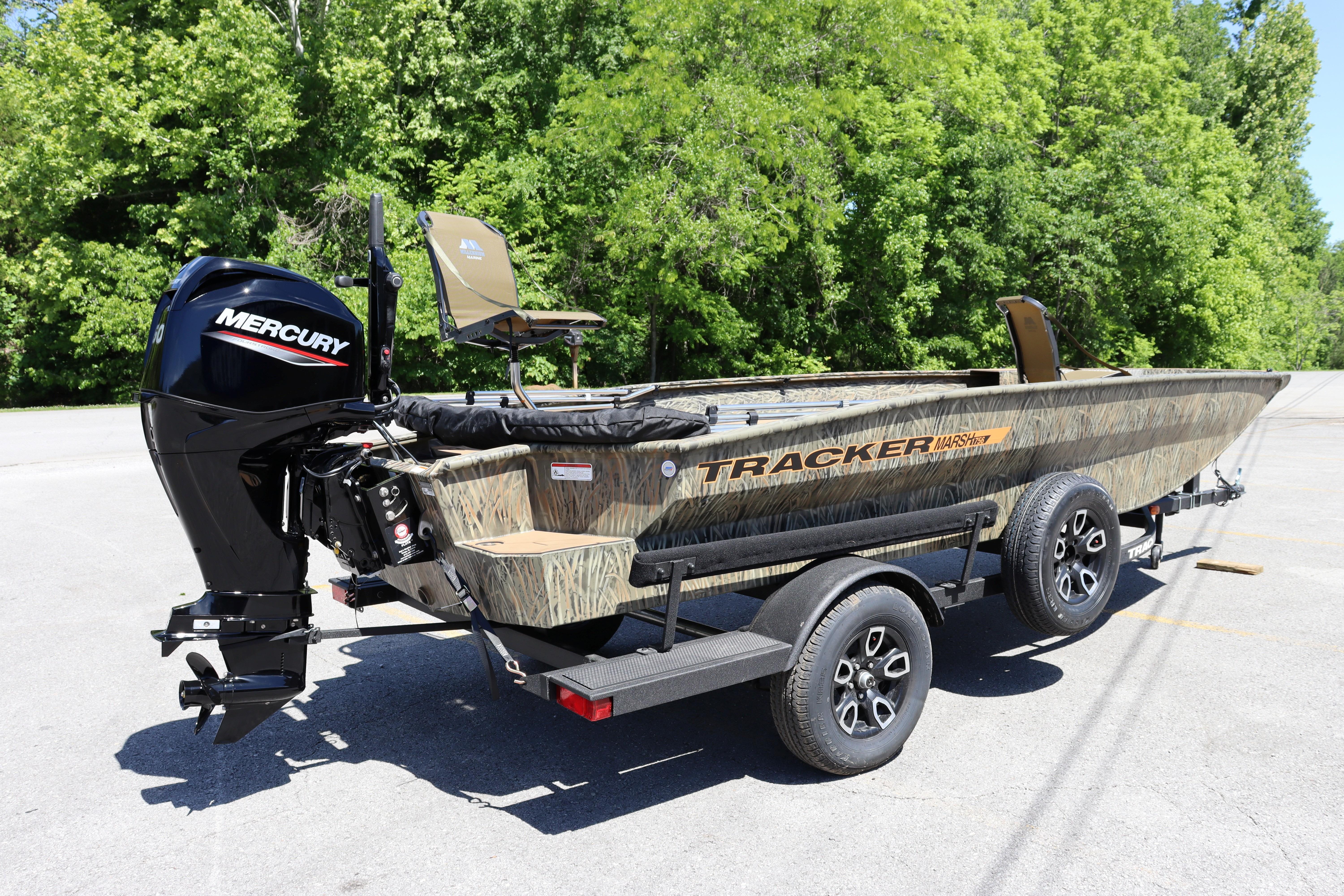 2026 Tracker Grizzly 1756 T Marsh boat with Mercury engine on trailer.