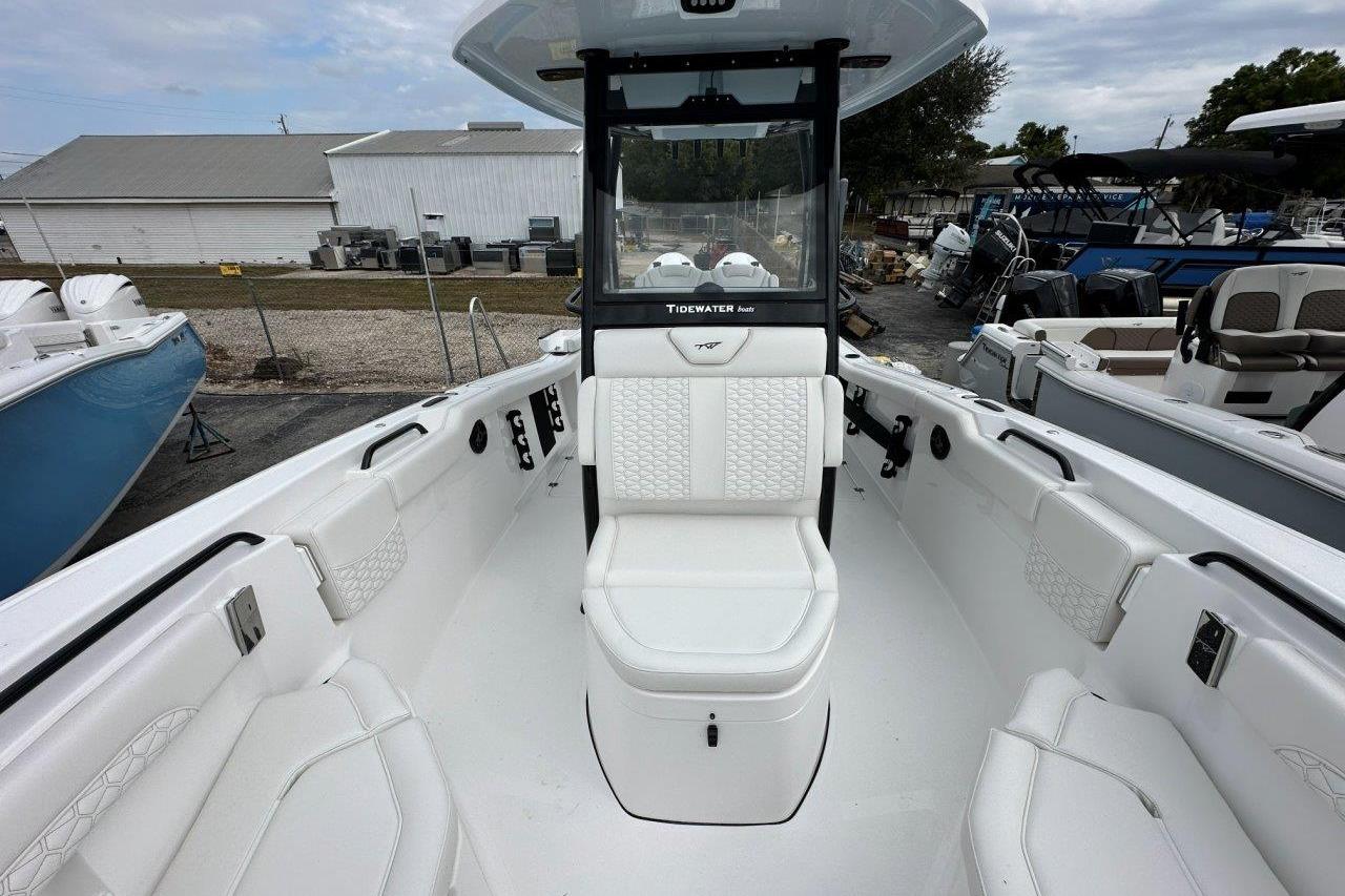 2026 Tidewater 272 LXF boat interior with white seating and modern design.