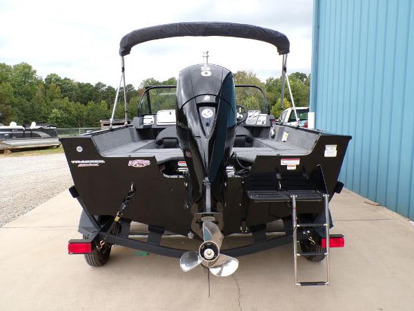 2025 Tracker Pro Guide V-175 Combo boat, rear view with motor and ladder.