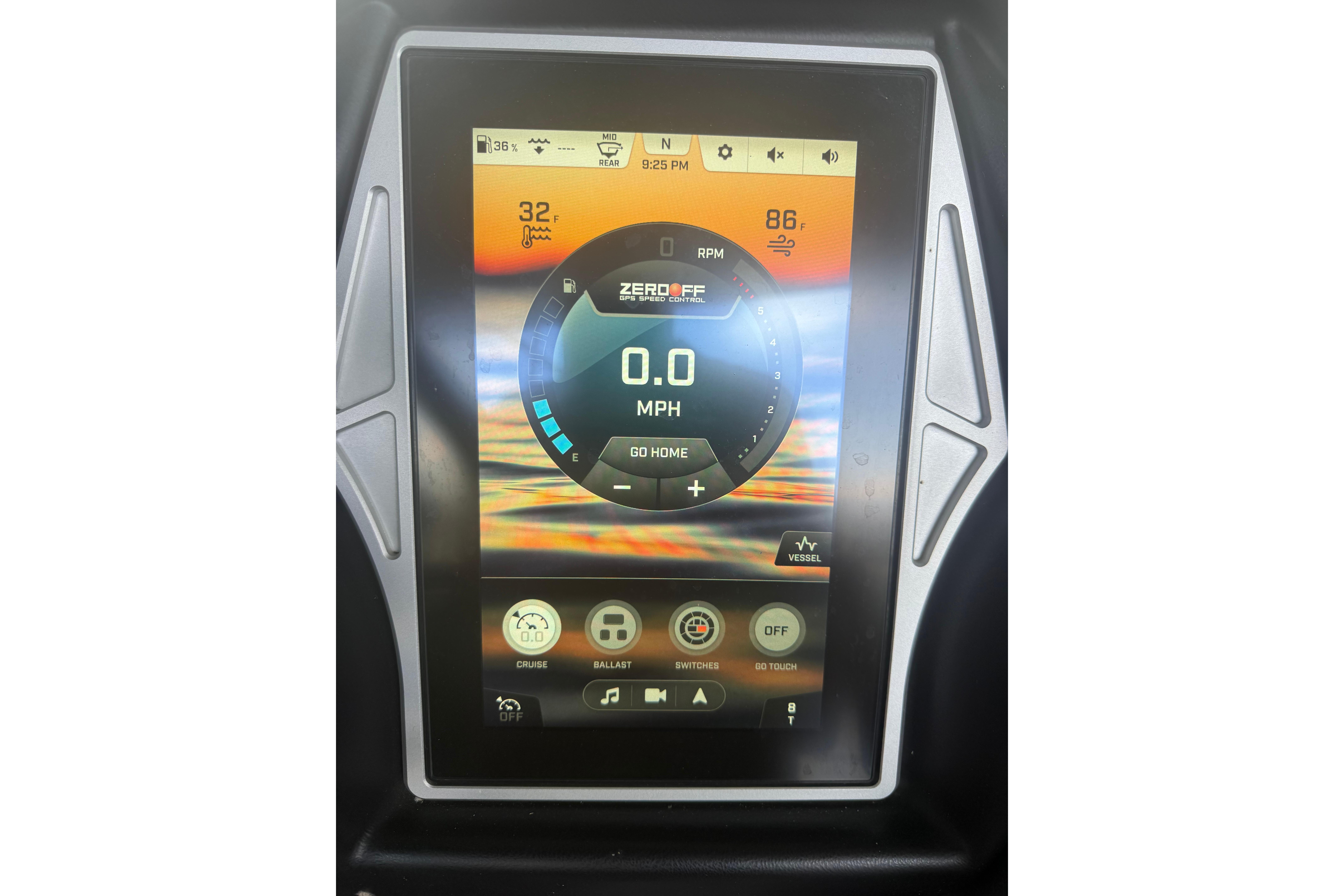 2020 Tige 25ZX boat touchscreen display showing speed and control settings.