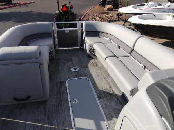 2024 Ranger Reata 223C pontoon boat interior with spacious seating and modern design.