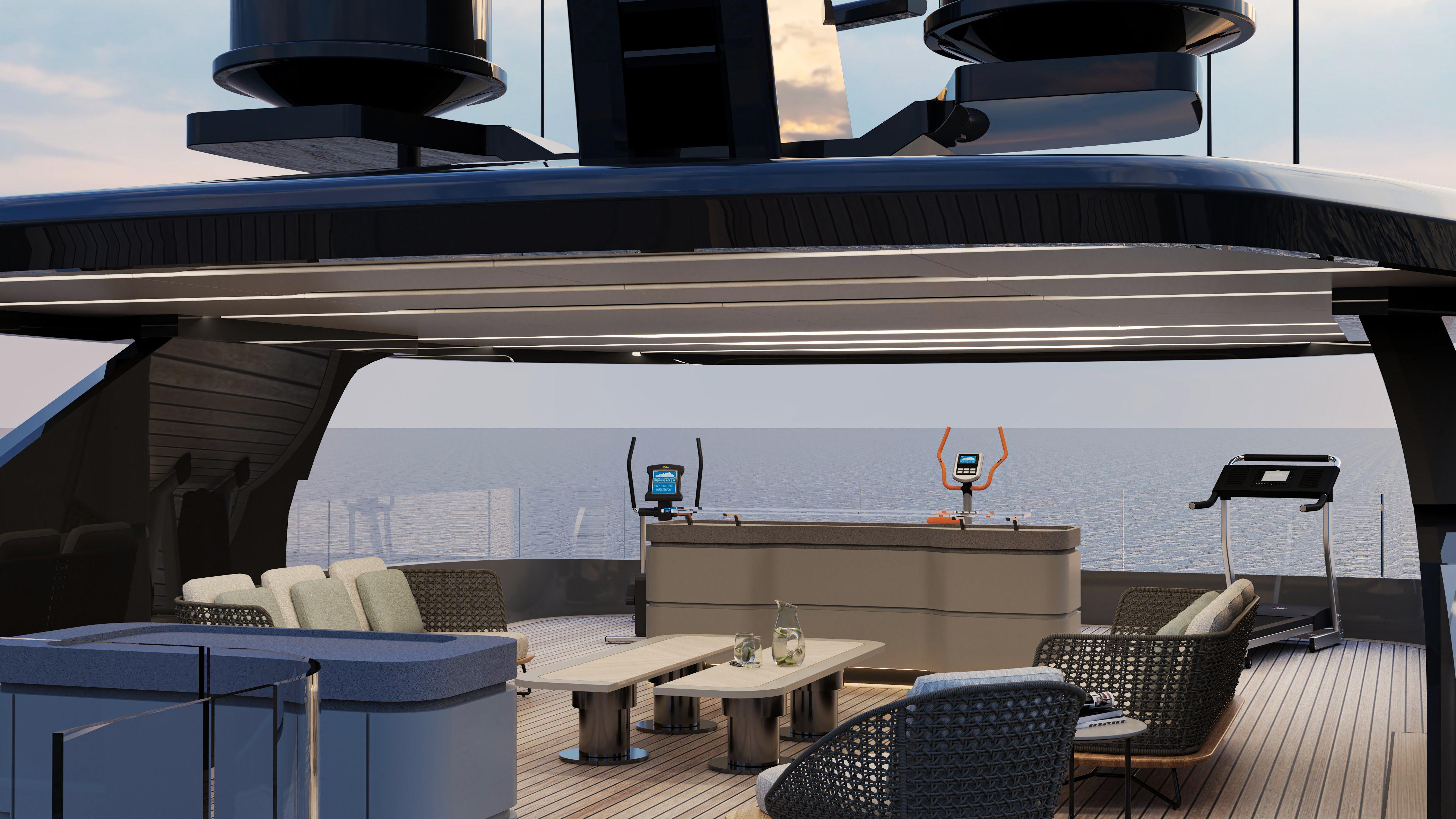 Luxurious NOA 46 yacht deck with modern seating and ocean view, 2025 model.