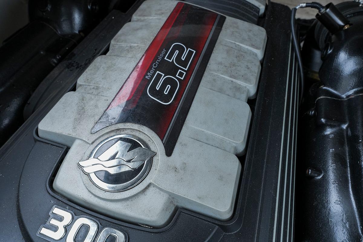 Mercury 6.2 engine in 2018 Sea Ray SLX 350 boat, showcasing 300 horsepower.