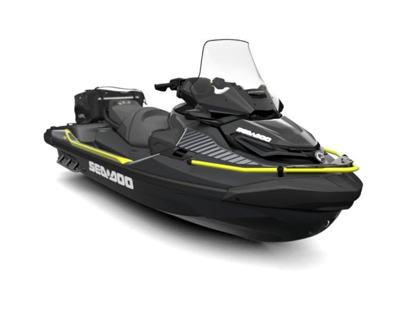 2024 Sea-Doo Explorer Pro® 230 jet ski, black and yellow, front-side view.
