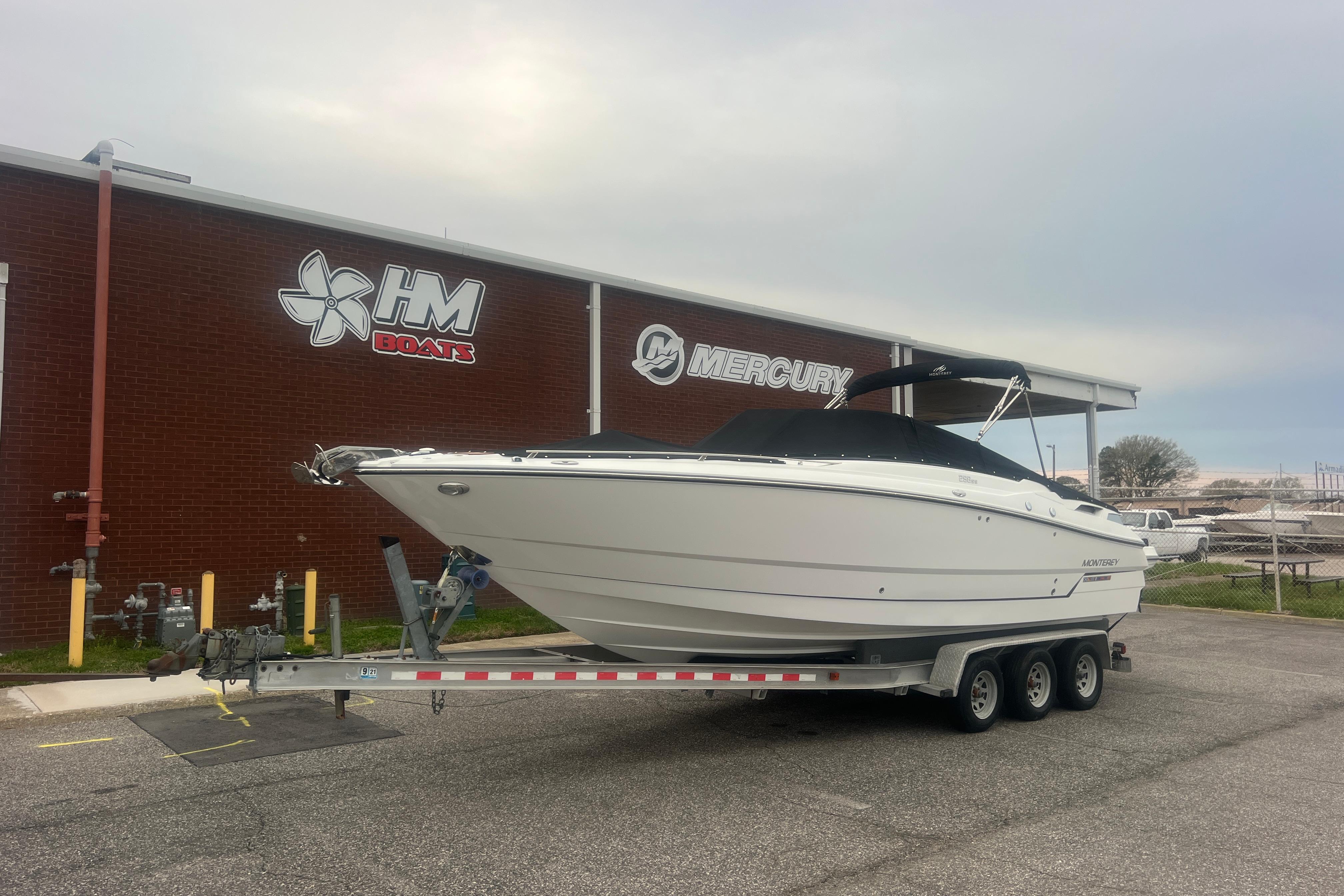 2017 Monterey 298SS Super Sport boat on trailer outside HM Boats building.