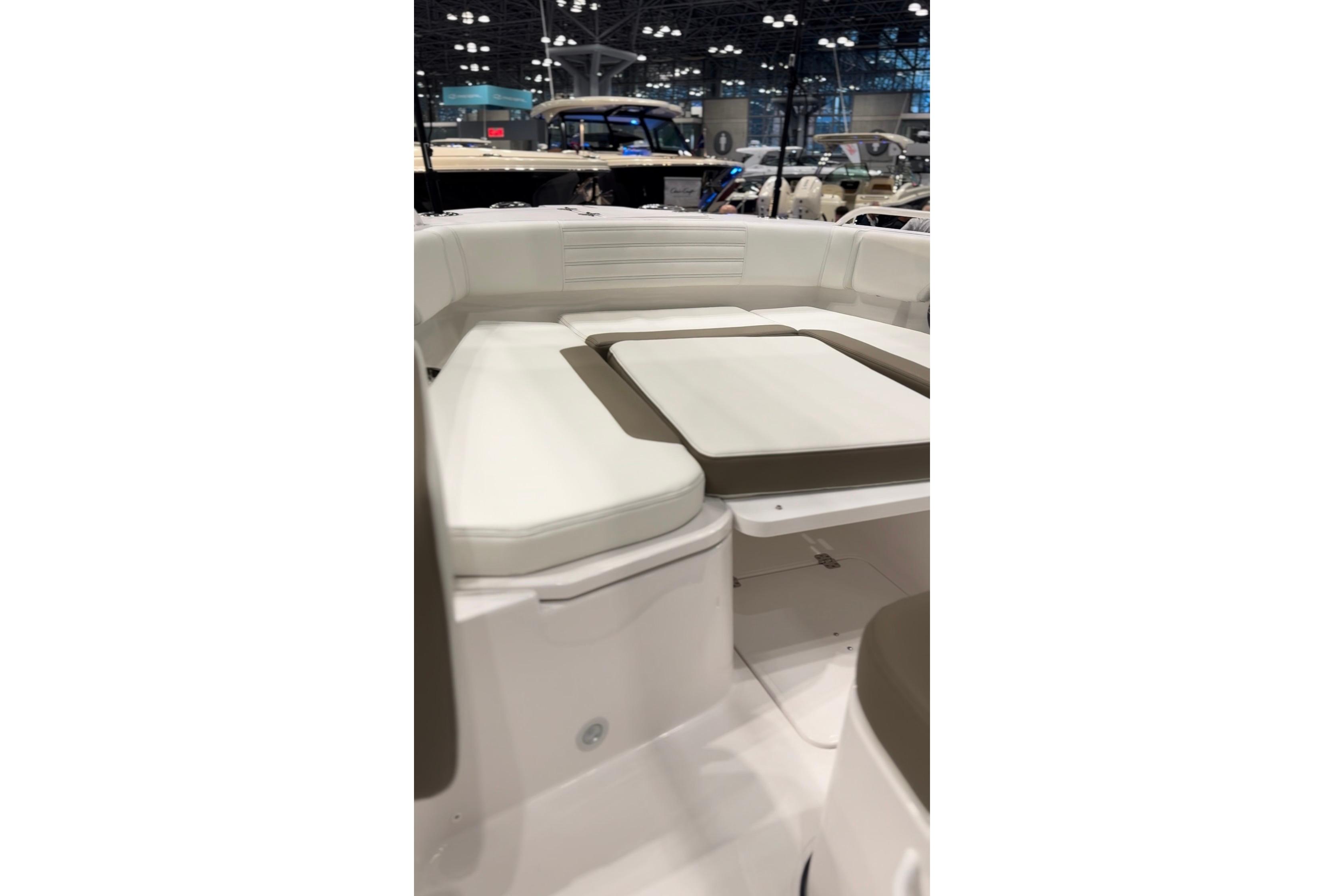 Interior view of Edgewater 250CC boat, model year 2026.