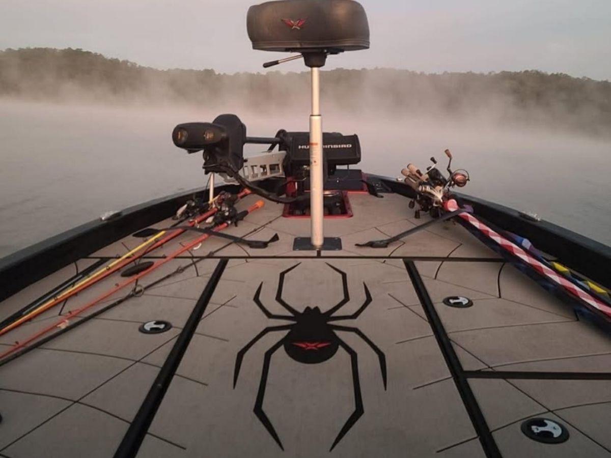Vexus AVX1980 BLACK WIDOW 2021 on misty water with fishing rods.